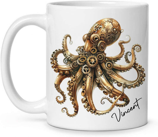 Personalized Unique Name Ceramic Mug 11oz, Customized Steampunk Octopus Mug With Mechanical Themed, Gear-Filled Octopus White Coffee Mug, Gift For Friends, Coworkers, Kids Mug