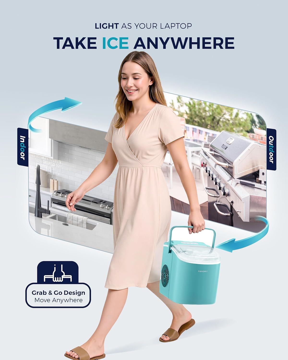 EUHOMY Countertop Ice Maker Machine with Handle, 26lbs Per Day, 9 Ice Cubes Ready in 6 Mins, Auto-Cleaning Portable Ice Maker with Basket and Scoop, for Home/Kitchen/Camping/RV (Green)