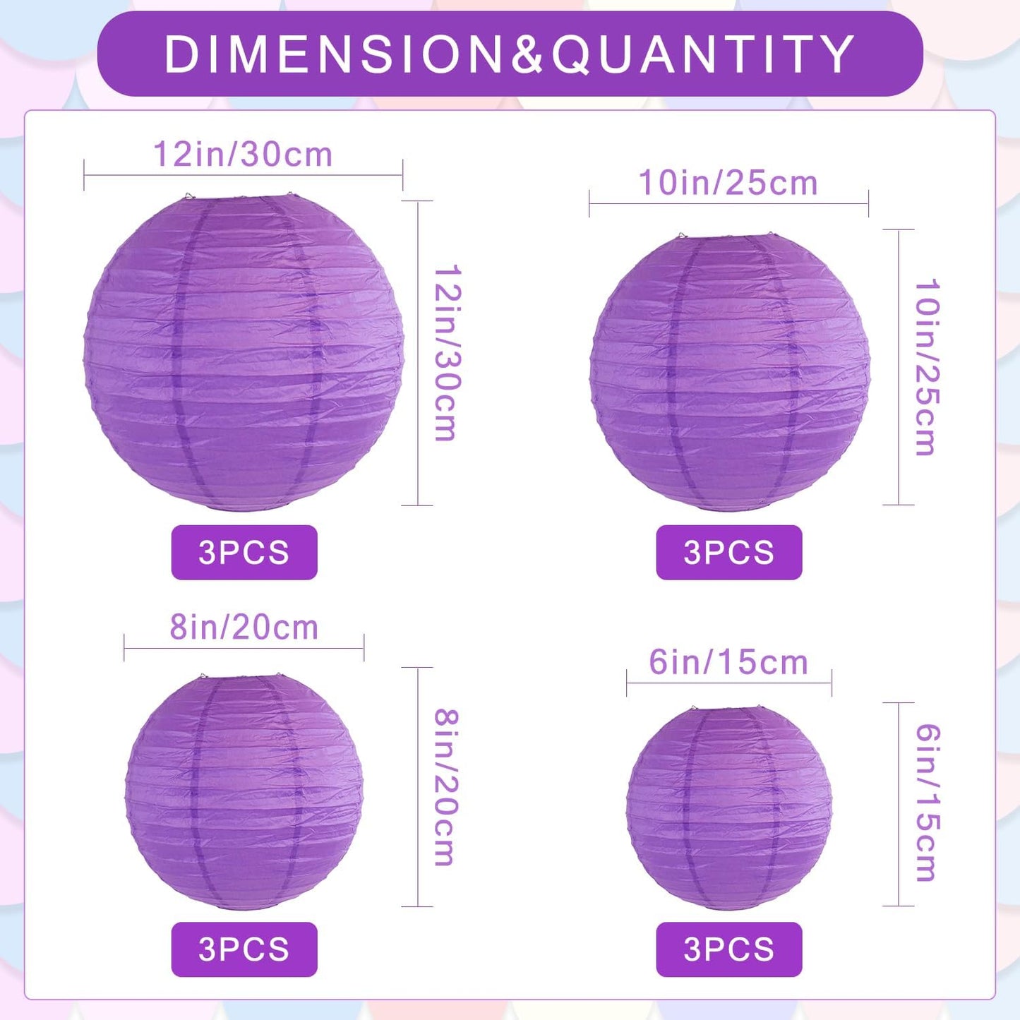 12Pcs Round Paper Lanterns Assorted Sizes (6" 8" 10" 12") for Home Decor, Restaurant, Church, Wedding, Birthday Party Decorations, Hanging Chinese Japanese Paper Lantern Lamps (Deep Purple)