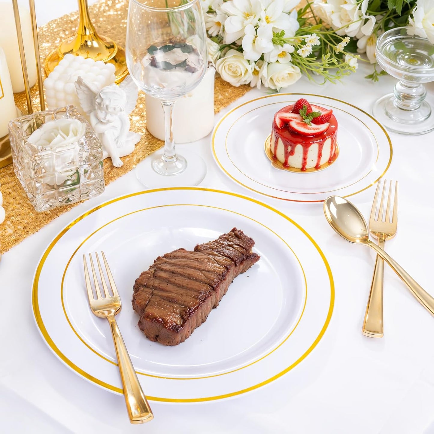 350 Pieces White and Gold Plastic Plates - 50 Guest Thanksgiving Dinnerware Set Include 100 Plates, 50 Plastic Silverware, 50 Napkins and 50 Cups for Thanksgiving