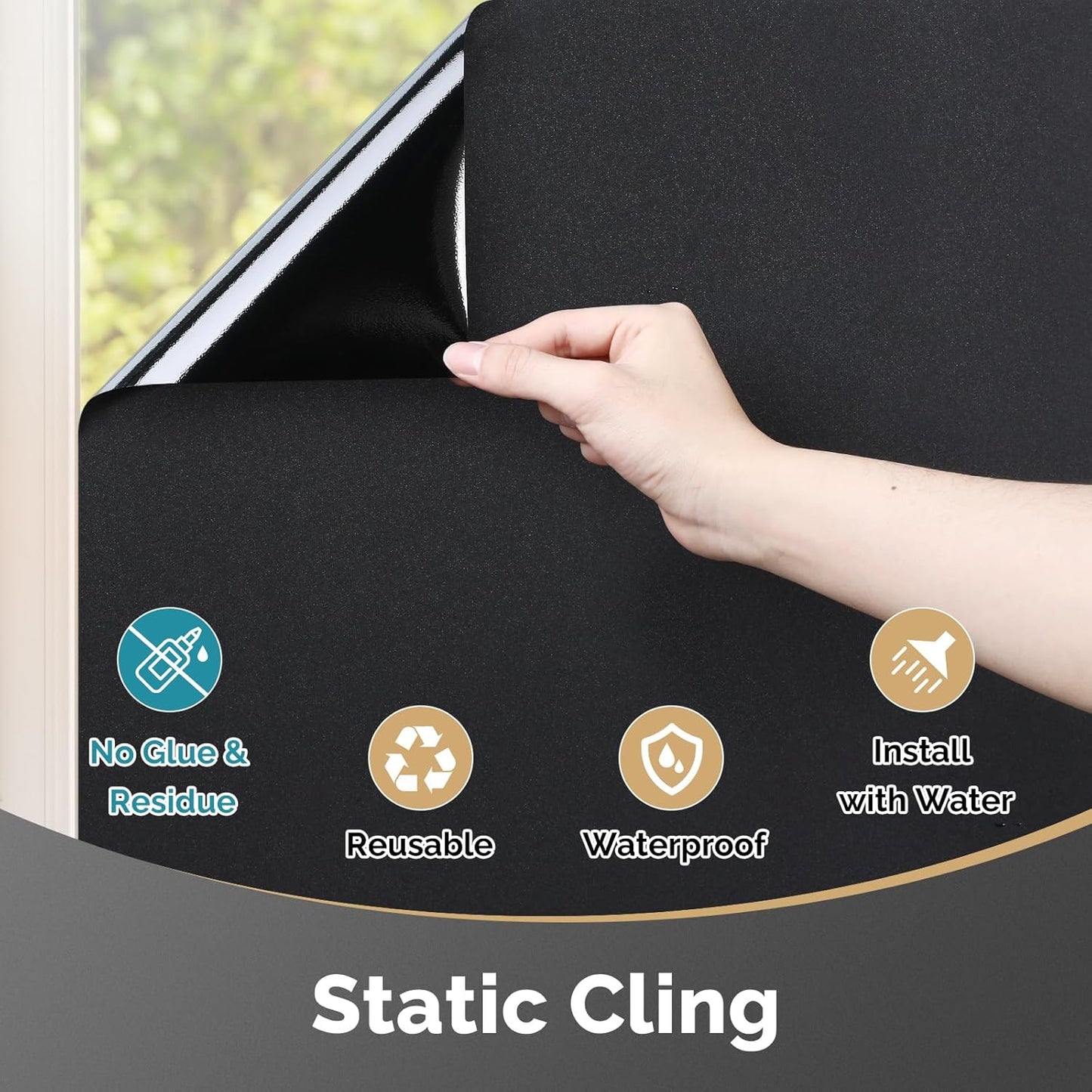 DOWELL Blackout Window Film, 100% Light Sun Blocking Static Cling Frosted Privacy Film for Glass, Heat Control Removable Window Tint, Room Darkening Cover for Day Sleep, Black, 23.6" x 157.5"