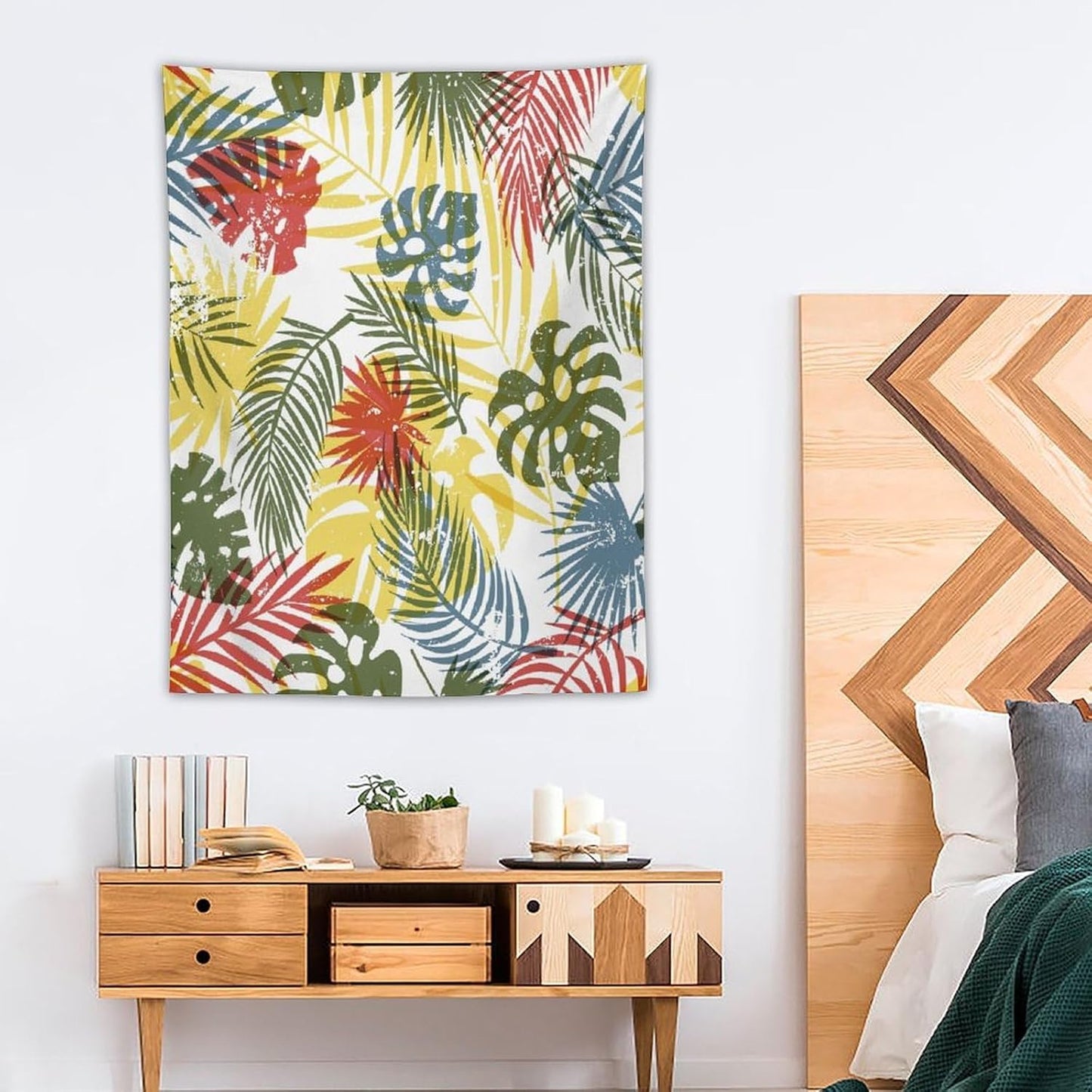 ICMOLYYENLO Boho Green Leaves Tapestry, Mid Century Abstract Tropical Palm Leaves Modern Minimalist Geometric Wall Hanging, Neutral Home Decor Art for Living Room Bedroom Dorm 60x60 Inch