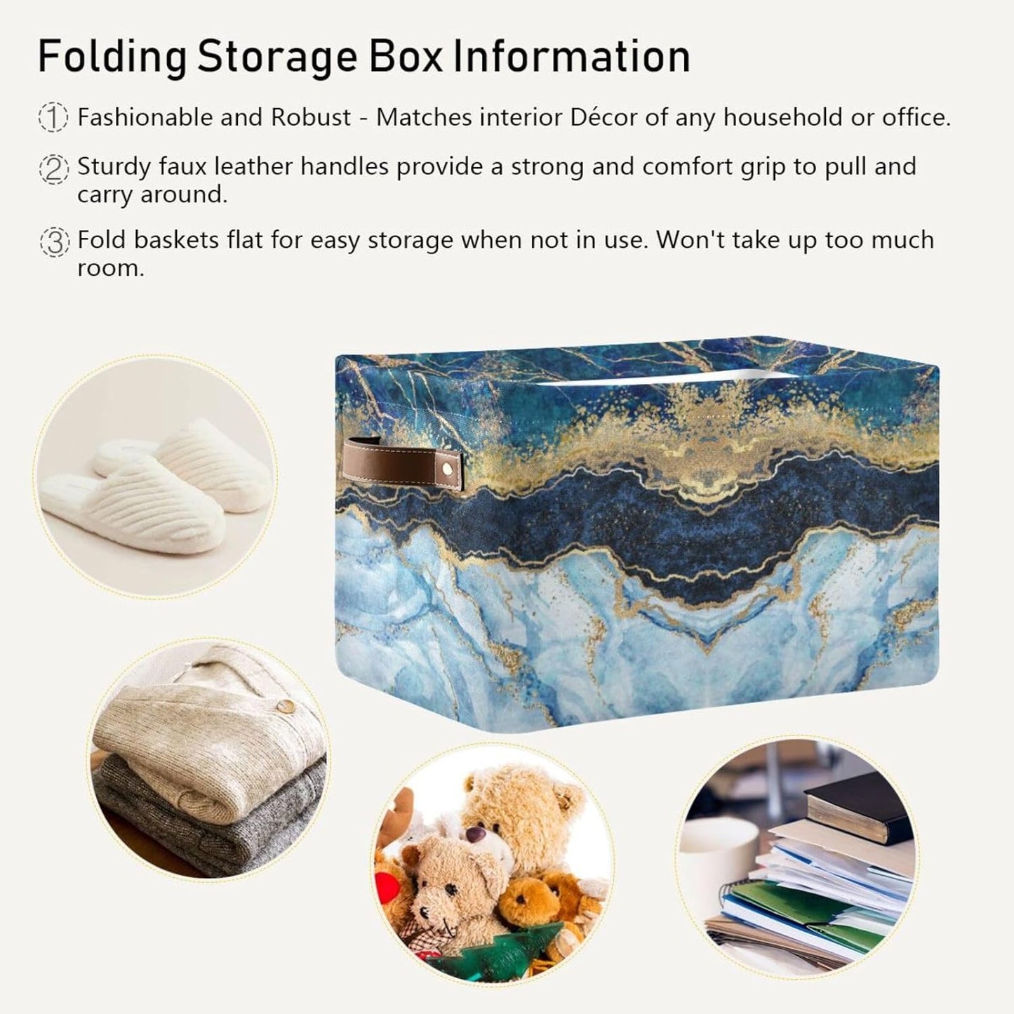 susiyo Storage Baskets for Shelves,Storage Bins for Organizing Shelf Nursery Toys, Decorative Linen Fabric Bins Cube with PU Handles 1 Pack，Blue Marble