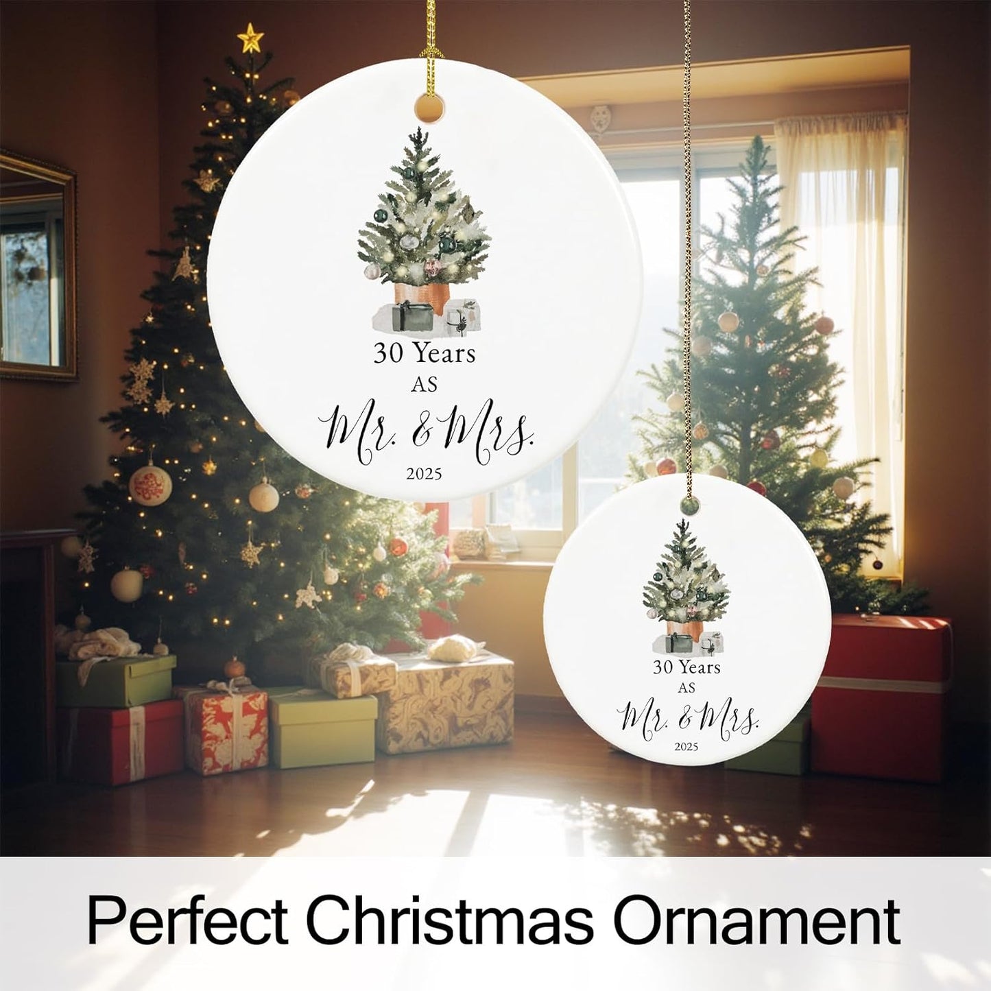 30th Anniversary Ornament Gifts for Couple,Parents, 30th Wedding Anniversary for 30 Year as Mr and Mrs Gifts, Ceramic Keepsake 30 Year Anniversary Christmas Ornaments with Ribbon and Box