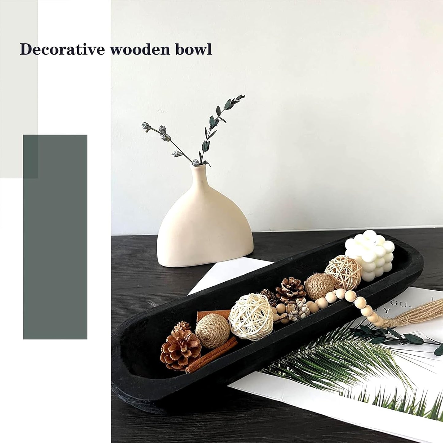 Wooden Dough Bowl Decor, Vintage Wooden Bowl Hand Carved Home Decor for Dining Table Center, Living Room, Kitchen Decor. (20inch black)