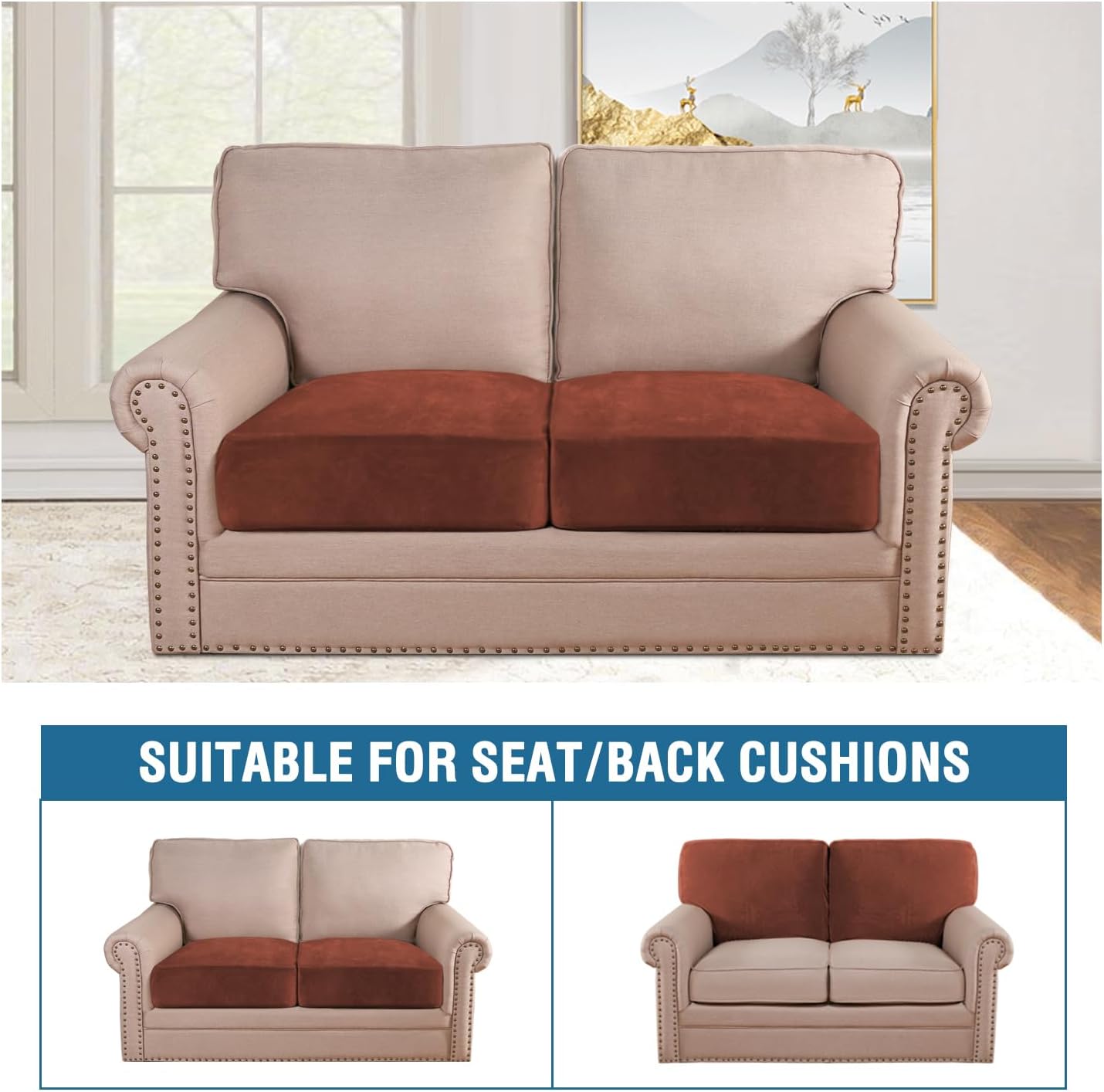 H.VERSAILTEX Velvet Stretch Couch Cushion Cover Plush Cushion Slipcover for Chair Loveseat Sofa Cushion Furniture Protector Seat Cushion Sofa Cover (2 Piece Medium Sofa Cushion Covers, Rust)