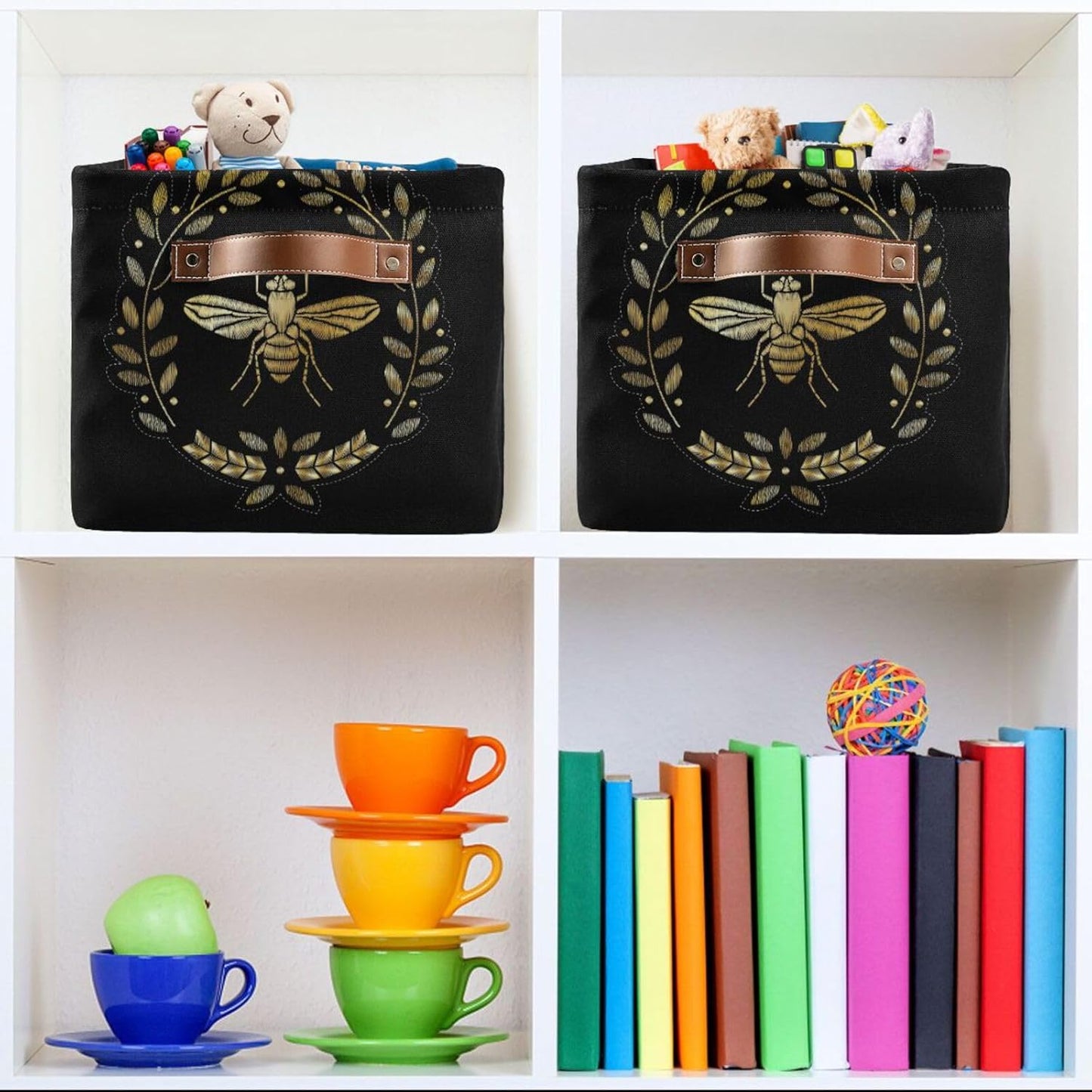 susiyo Storage Baskets for Shelves Organizer Baskets with Metal Frame Closet Storage Bins Fabric Bins Cubes with PU Handles for Organizing Shelf Nursery Toys 1 PACK,Gold Bee Floral