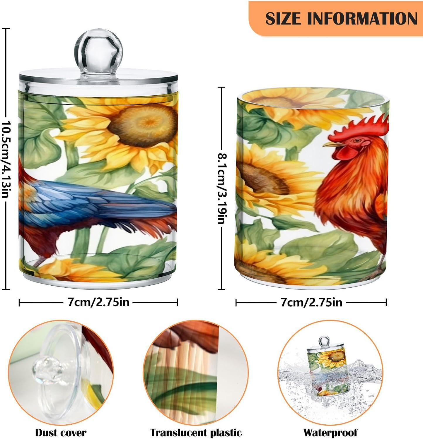 Sunflower Rooster 2PC Airtight Transparent Plastic Storage Jar, Food Storage Container Glass, Can Store Candy, Salt, Coffee Beans, With lid, Easy To Use