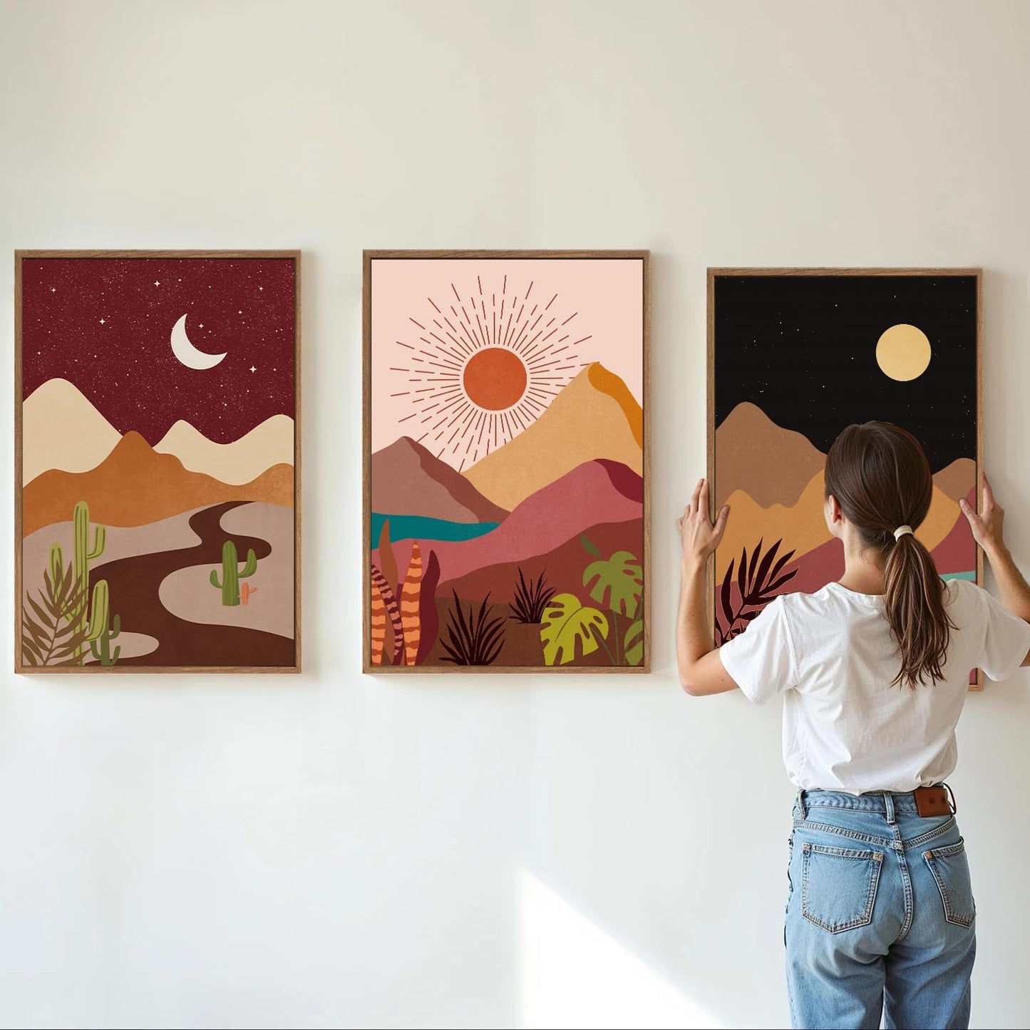 SIGNINART Boho Desert Framed Canvas Wall Art Set of 3, Colorful Sun and Moon Art Prints, Bohemian Modern Cactus Art Paintings, Southwestern Landscape Wall Decor for Living Room, Bedroom, Office 16"x24"
