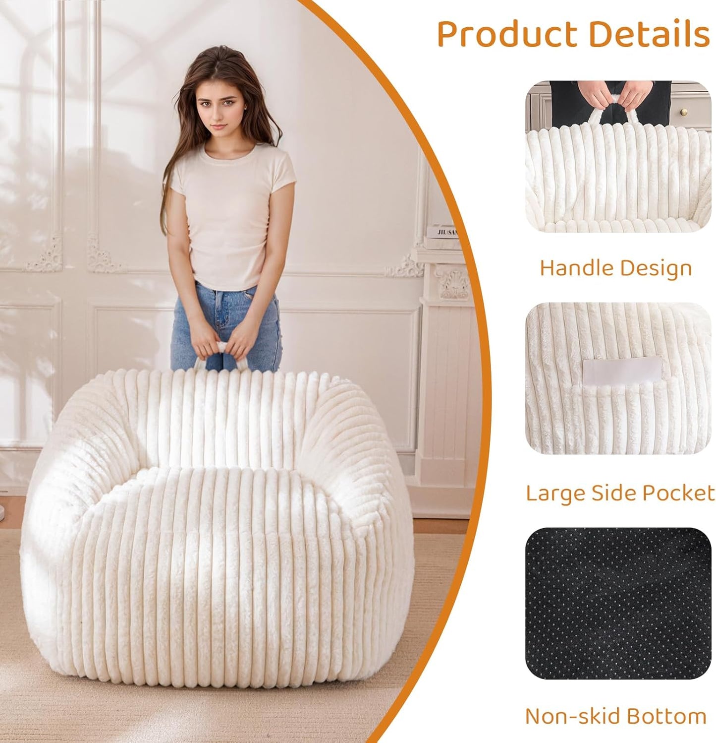 BYBYME Giant Bean Bag Chair for Adults and Kids, Large Comfy Cozy Beanbag, Floor Sofa for Teens, Living Room, Gaming, Reading, Beige