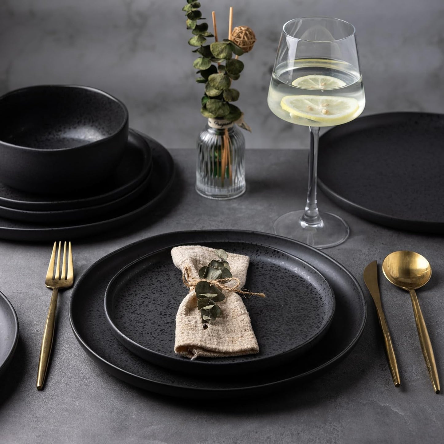 AmorArc Ceramic Dinnerware Sets, Wavy Rim Stoneware Plates and Bowls Sets, Highly Chip and Crack Resistant | Dishwasher & Microwave & Oven Safe Dishes set, Service for 6 (18pc)-Speckled Black