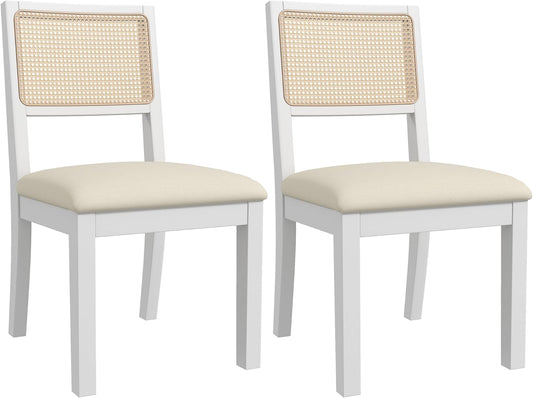 Westice Rattan Dining Chairs Set of 2, Farmhouse Natural Dining Room Chairs with Upholstered Cushion, Wood Armless Chairs for Kitchen/Restaurant, White