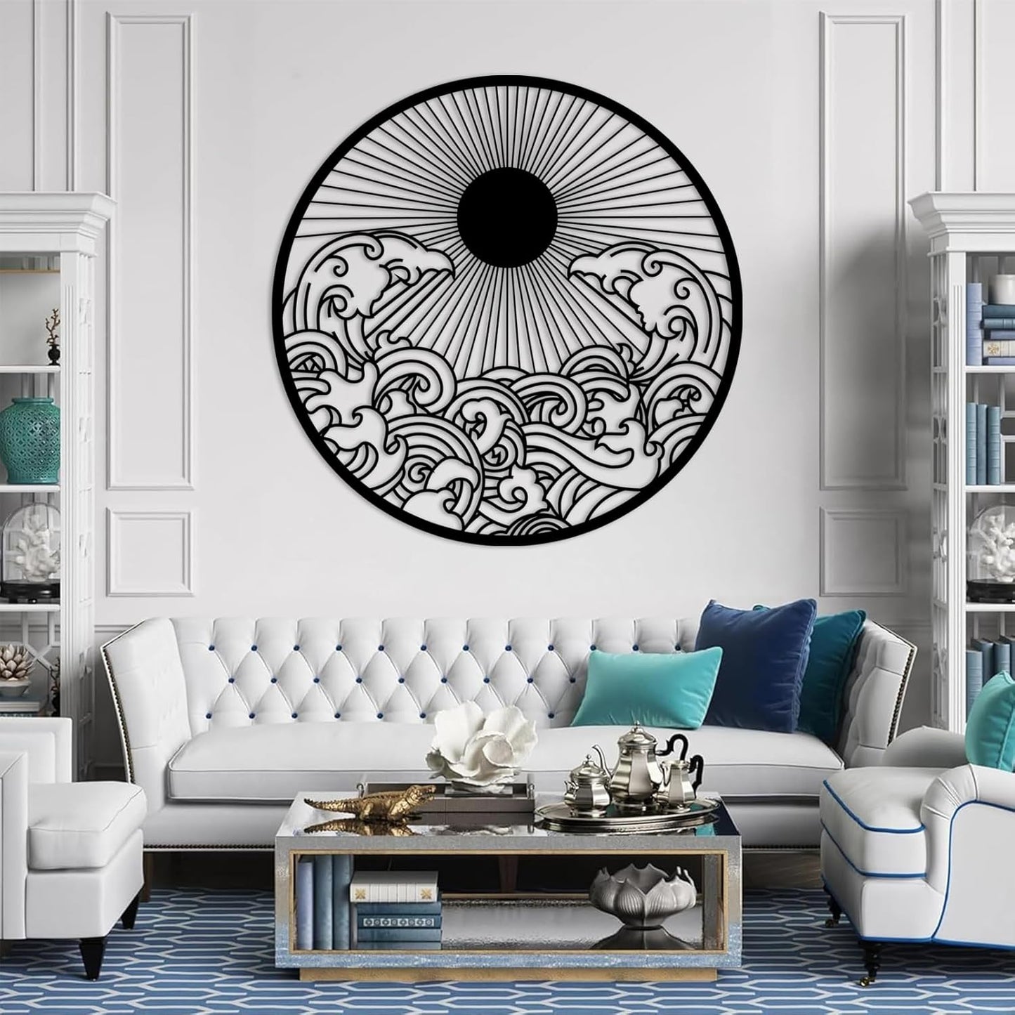 flyoak Metal Sun Wall Decor Outdoor, Sunrise Metal Wall Art, Metal Wave Wall Art, Sunrise and Wave Wall Decor, Sunburst Wall Art, Sunset Wall Art, Wall Hangings for Bedroom (White, 39x39in|100x100cm)