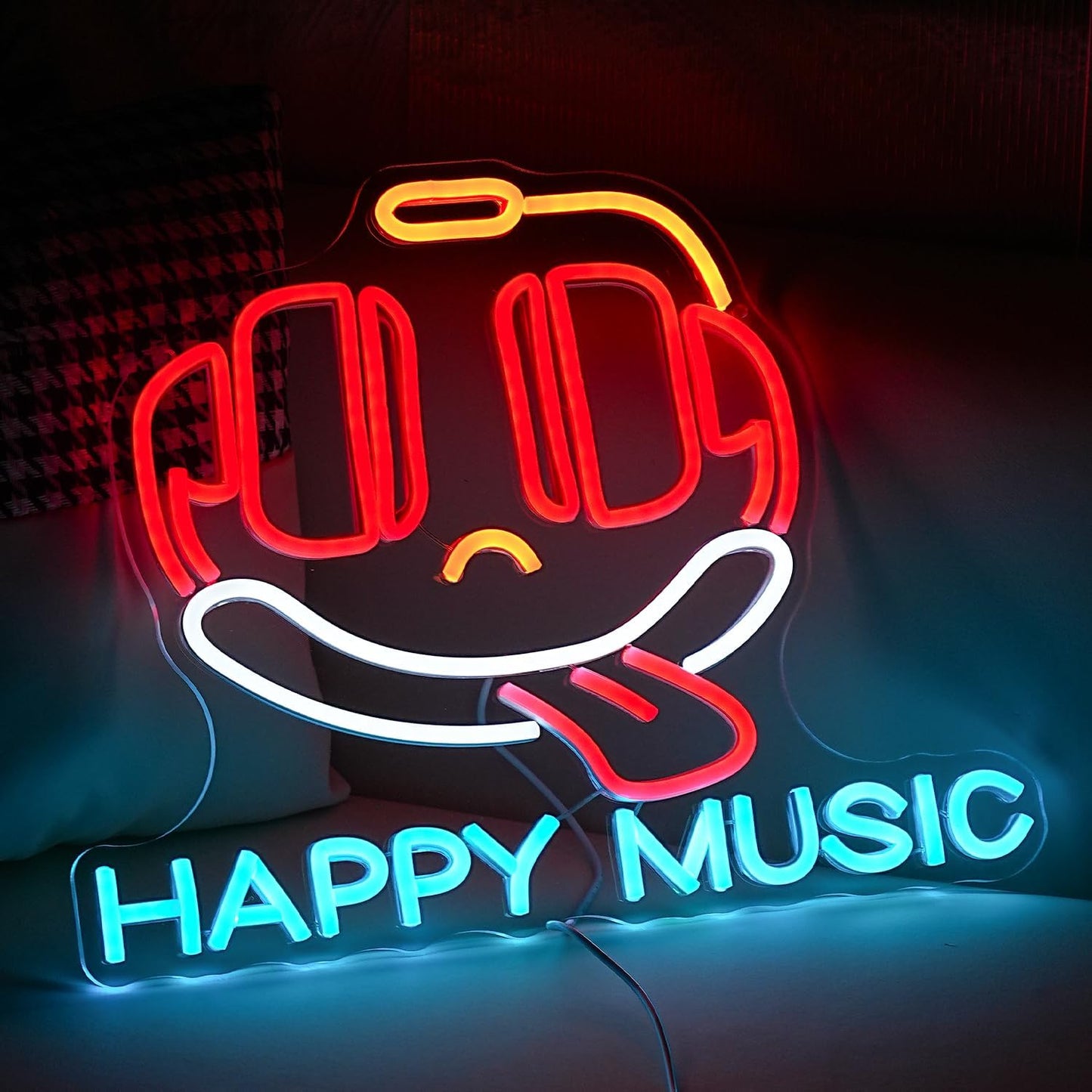 Headphone Neon Sign Dimmable Led Happy Music Neon Light for Wall Decor USB Cute Headset Figure Neon Light Sign for Music Studio Bar Live Music Party Bedroom