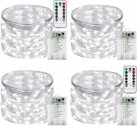 4 Pack Fairy Lights Battery Operated with Remote Control Timer, 26 FT 80 LED String Lights Outdoor Indoor, 8 Mode Twinkle Lights for Christmas Party Wedding Birthday Bedroom Décor (Cool White)