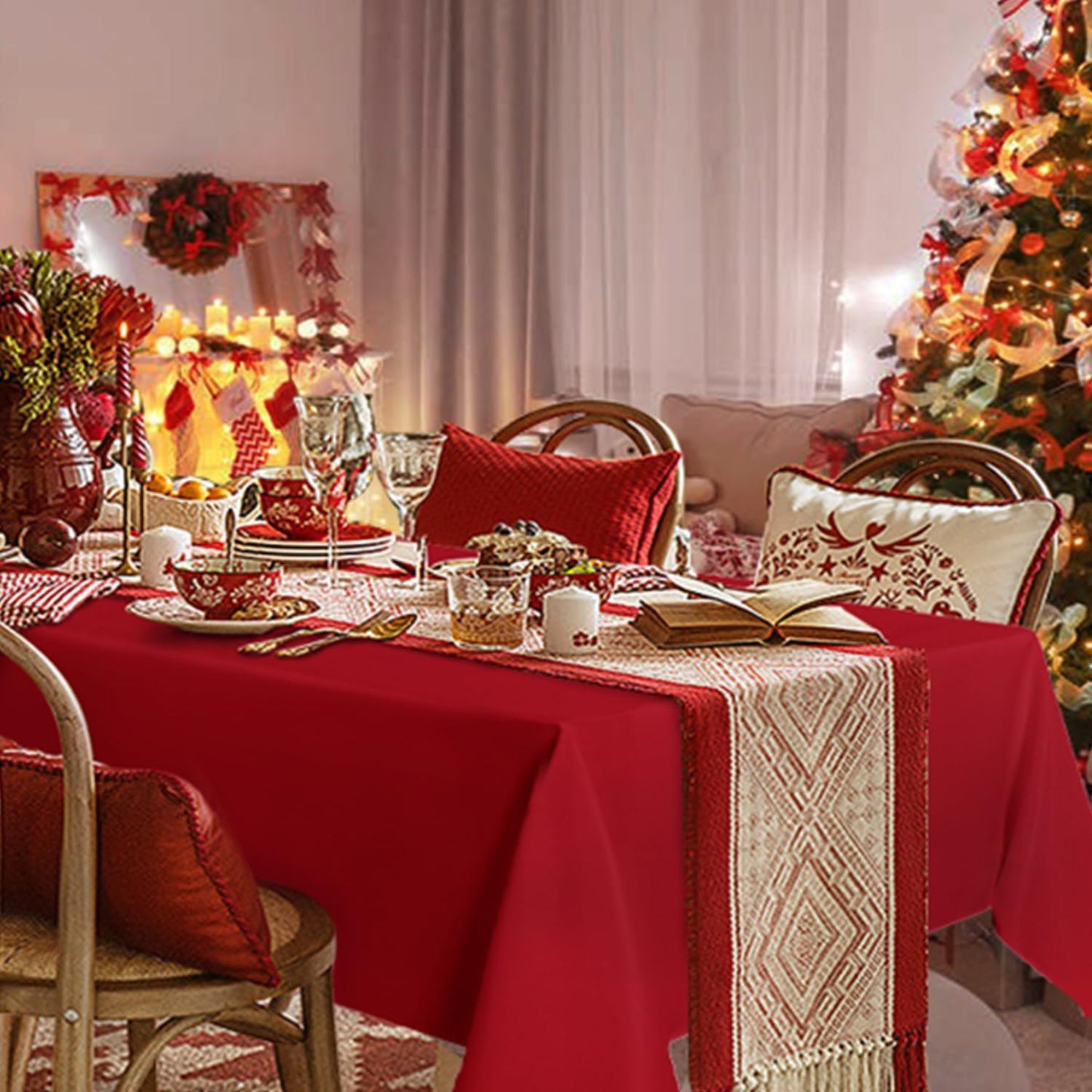 sancua Rectangle Tablecloth - 54 x 120 Inch - Water Resistant Spill Proof Washable Polyester Table Cloth, Decorative Fabric Table Cover for Dining Tables, Buffet Parties, Christmas Red
