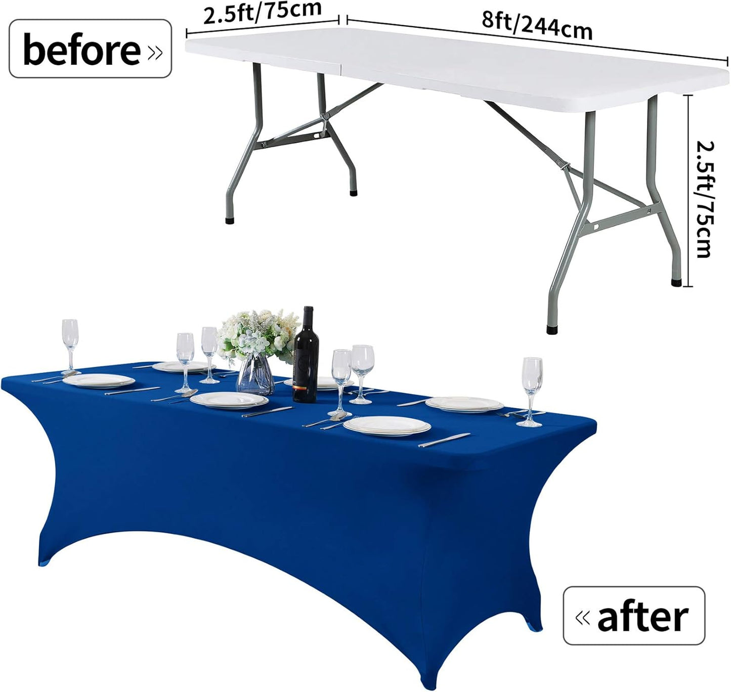 2Pack Spandex Table Cover for 8FT or 4ft or 6ft Table Universal Fitted Stretch Tablecloth for Party, Banquet, Wedding and Events-Classicblue