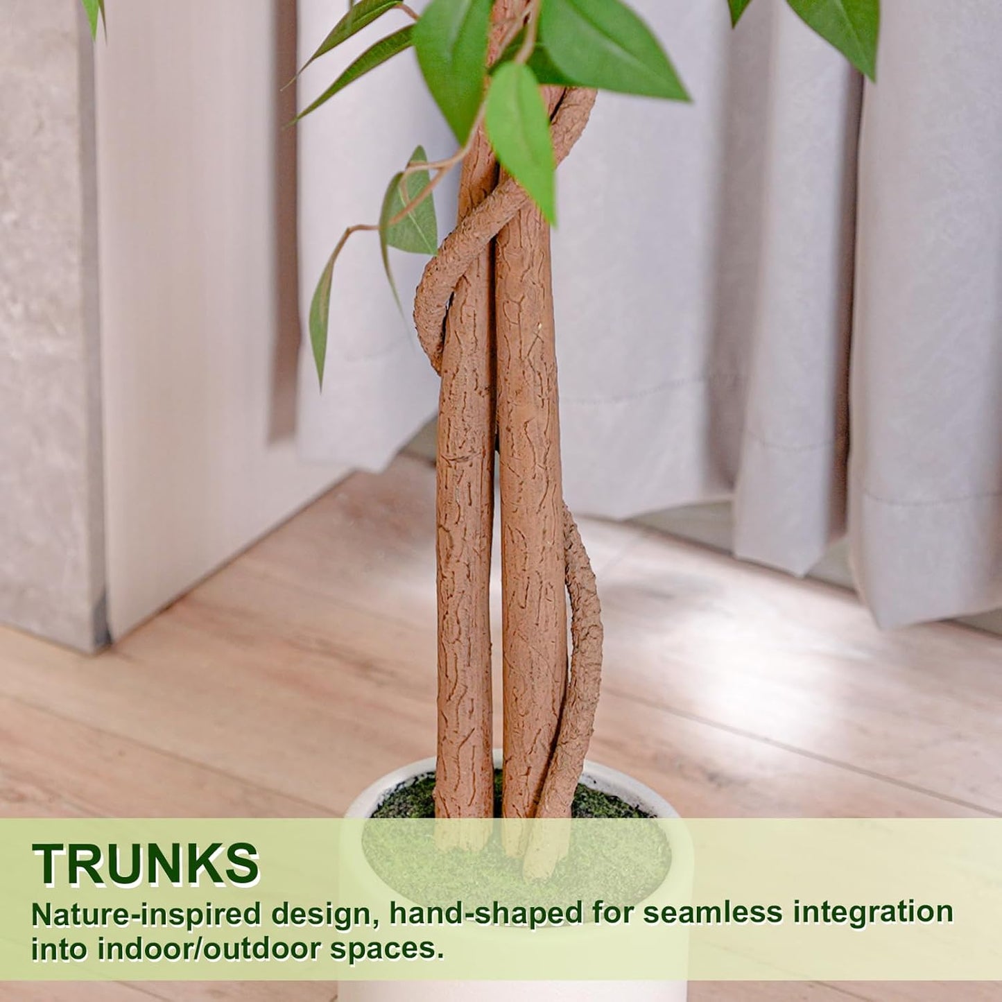 5FT Artificial Ficus Tree with White Planter, Realistic Faux Silk Indoor Outdoor Plant for Home Office Living Room, Porch, Garden Decor