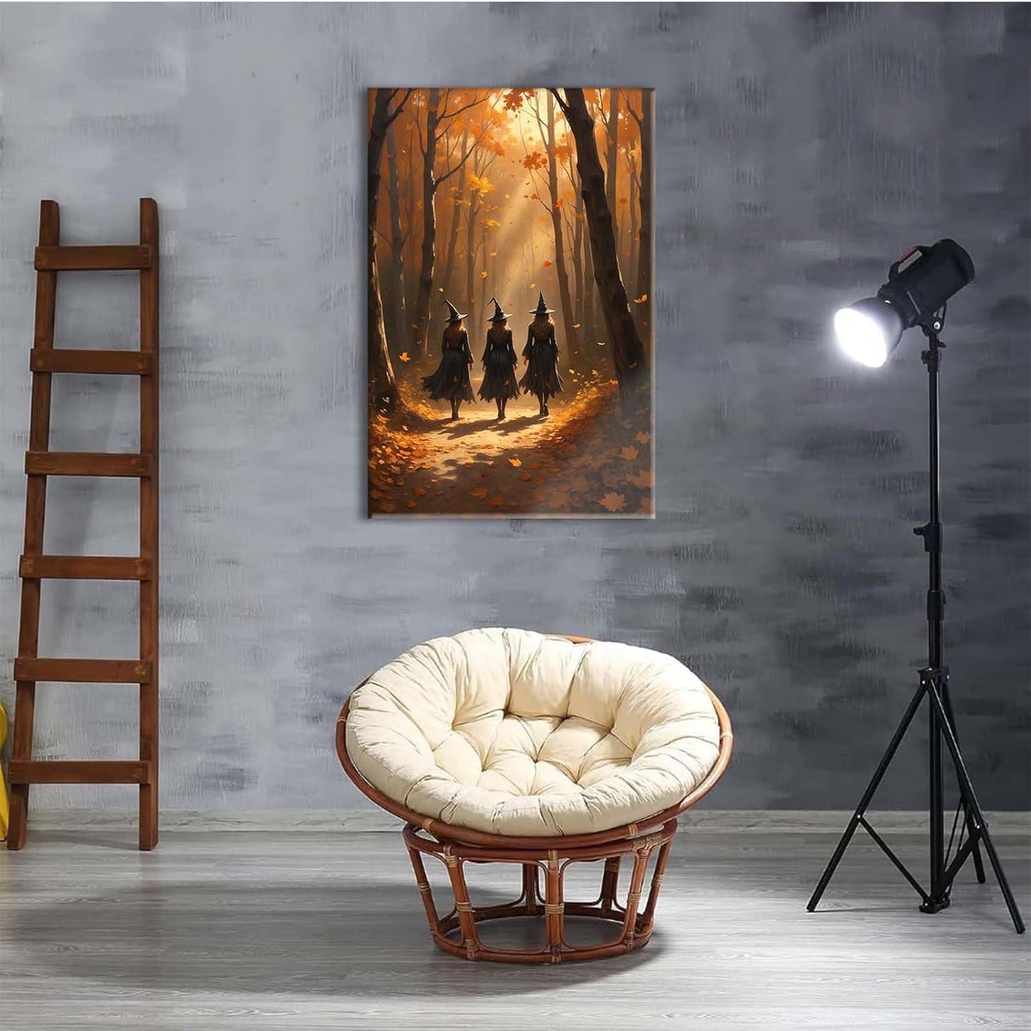 Three witches walking in the forest in autumn canvas painting gothic poster halloween print country witch wall art for home decoration12x16in Wood Framed