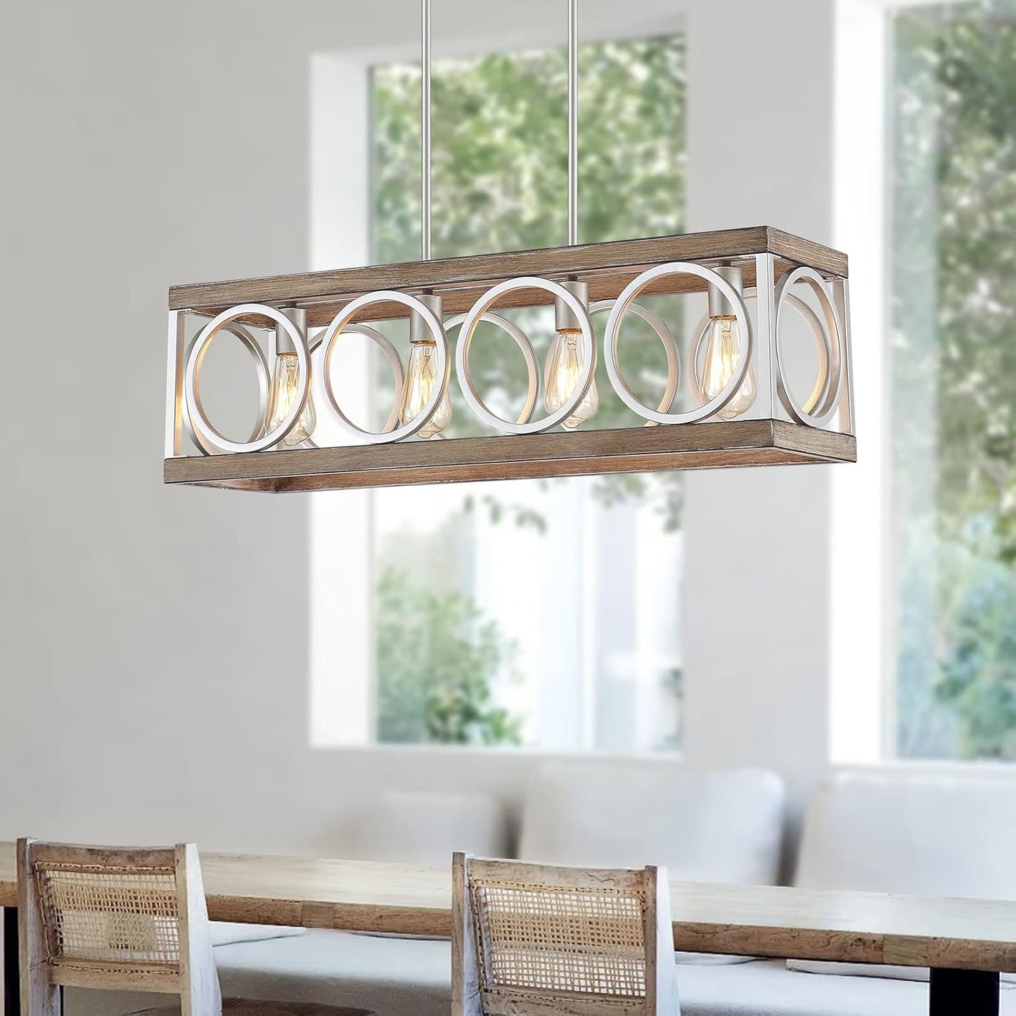 XINGQI Farmhouse Dining Room Chandeliers, Rectangle Vintage Hanging Lighting Fixtures, 4-Light Kitchen Island Lighting, Rustic Metal Chandelier Pendant Light, Antique Wood Grain XY082
