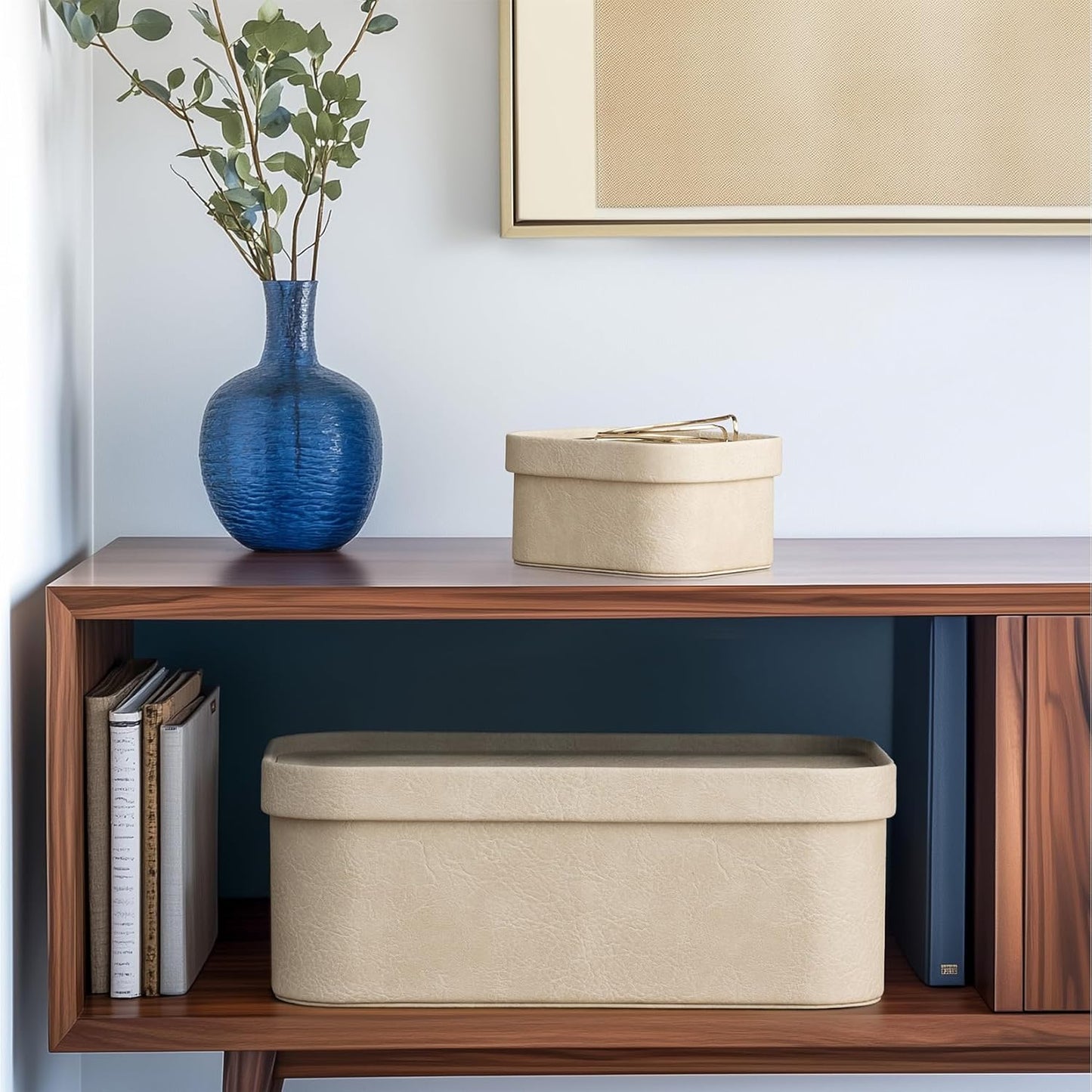 La Jolie Maison Vegan Leather Storage Boxes with Lids, Set of 3 Decorative Storage Containers Organize Stackable Storage Box, Beige