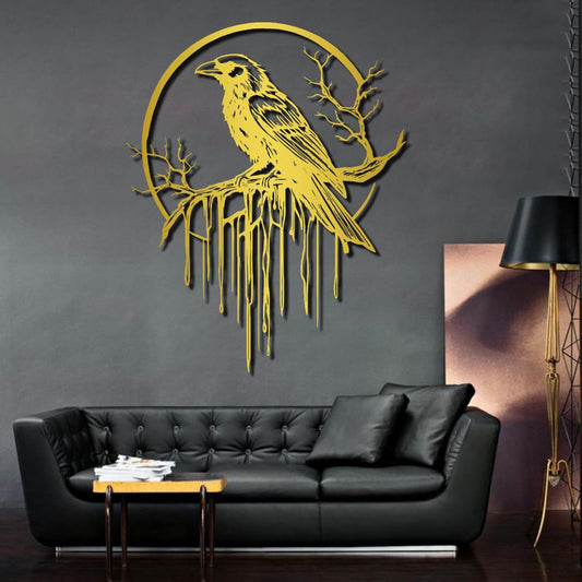 Crow Metal Wall Decor, Raven Wall Art, Large Gothic Raven Decor Hangings, Bird Wall Decor, Metal Tree Branch Decor, Ravens Sign, Raven Art for Living Room (Gold, 19"x15" | 47x38cm, metal wall art)