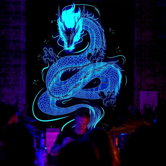 QGHOT Blacklight Dragon Tapestry Wall Hanging Cool Japanese Black Light Glow in the Dark Dragon Backdrop Uv Viking Tapestry for Boys Bedroom Mens Room Wall Deocr 59.1"x51.2"