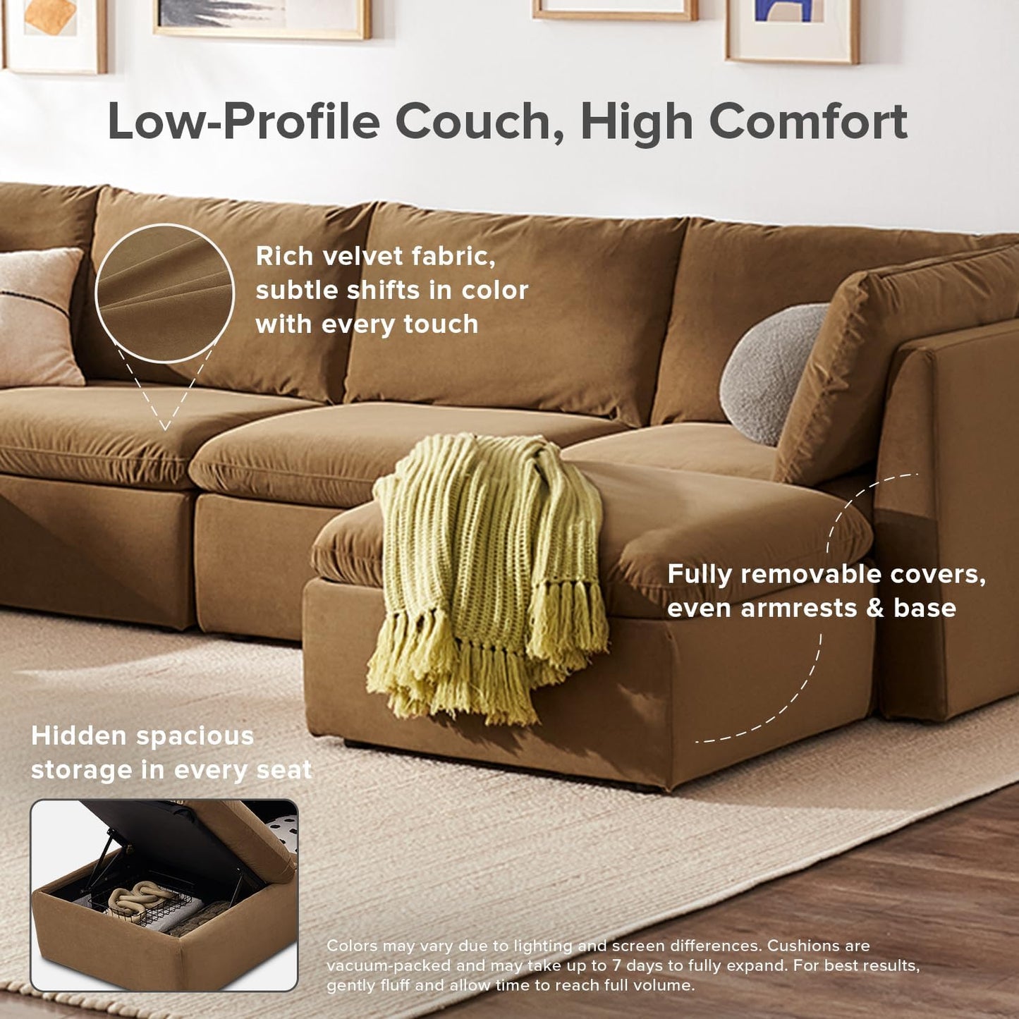 mopio Oversized Modular Sectional Sofa with Fully Removable Covers and Storage, Convertible U & L Shaped Sectionals, Modern Cloud Couch with Ottoman Chaise (Hazelnut Velvet, 7 Seats, U)