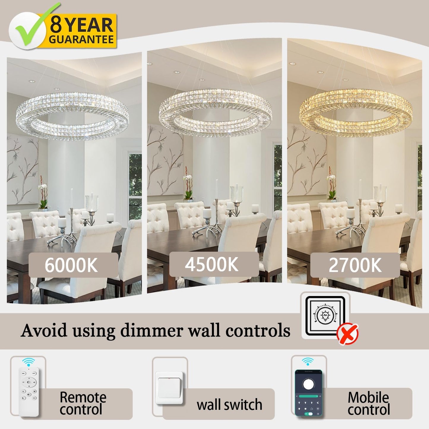 Dia 24" Modern Crystal Chandelier Gold Ring Chandelier Adjustable Height Luxury Crystal Pendant Ceiling Light Fixture for Dining Living Room Bedroom