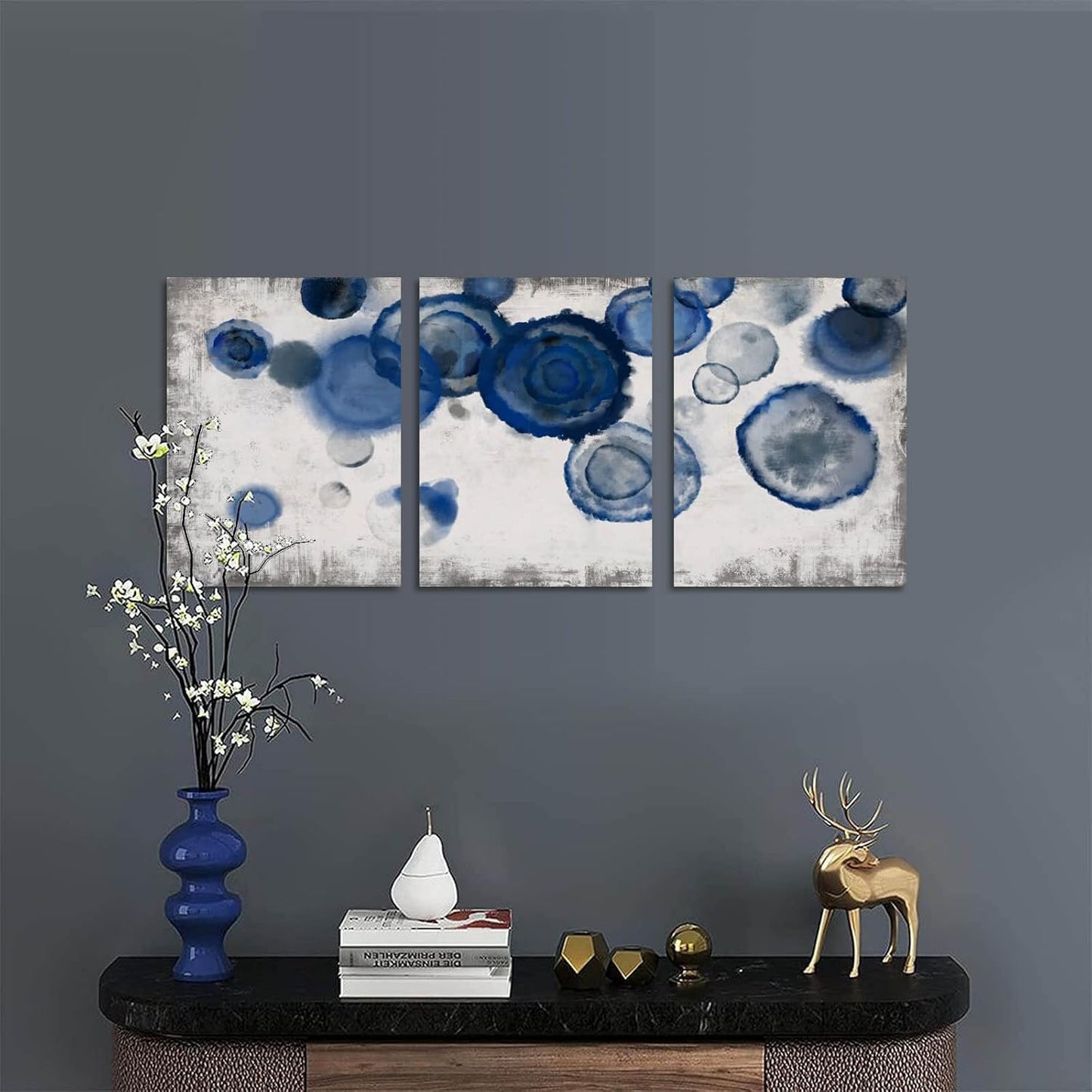YJYart Abstract Watercolor Wall Painting Pictures for Bathroom Wall Decor Navy Blue Canvas Prints Blue and White Wall Art for Bedroom Kitchen Office 12"x16"x3p