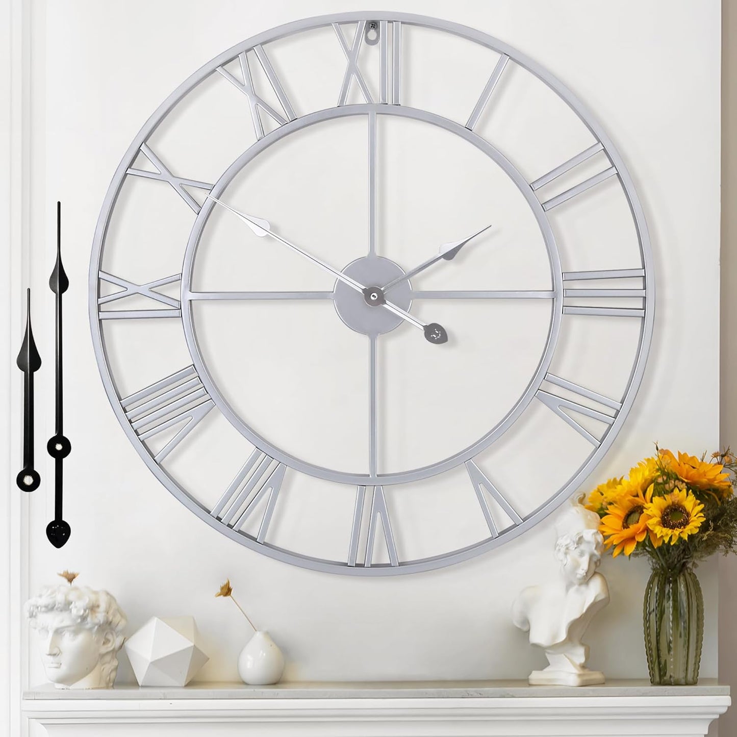 Large Wall Clock - 80cm/ 32 Inches, Silver, Non-Ticking, Battery Operated, Vintage Modern Wall Clock for Living Room, Bedroom, Office, Farmhouse Decor
