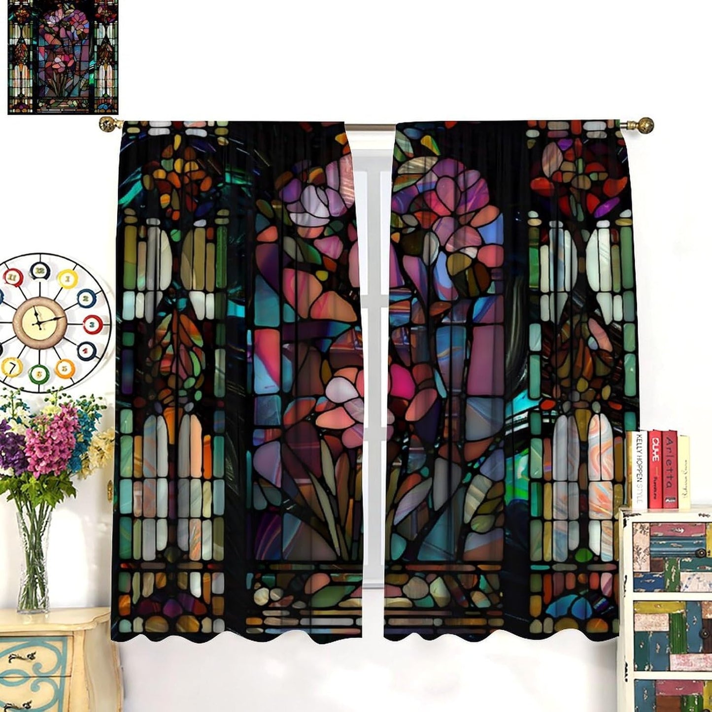 Stained Glass Curtains,Vintage Colorful Abstract Art Home Decor Drapes for Bedroom Living Room Kitchen Window Treatment 2 Panels Set Total Size 42" W X 63" L Inch