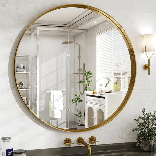 48 Inch Round Bathroom Mirror - Wall Mounted Circle Mirror with Metal Frame, Modern Mirror Suitable for Bathroom, Vanity, Entryway, Living Room, Wall Decor,Gold