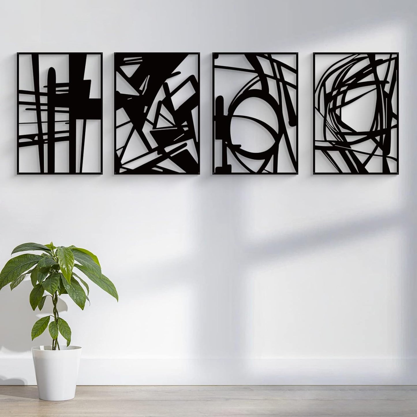 Glamativity Large 4 Pack Black Abstract Metal Wall Art, Minimalist Décor Single Line Art Wall Décor, 3D Textured Metal Wall Sculptures, for Living Room Bedroom Bathroom Study Room (Black, L Size 22.5