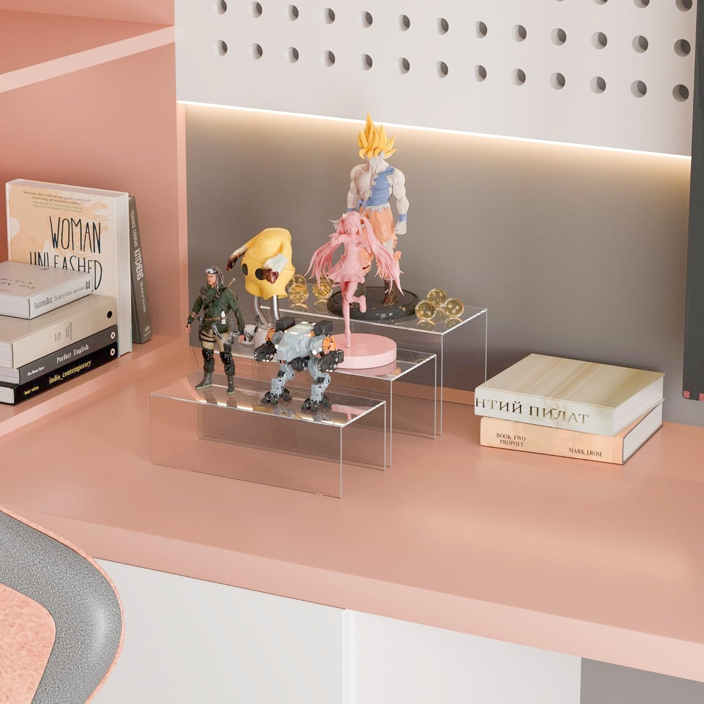 Clear Display Risers Shelf 3pcs, Countertop Rectangular Acrylic Display Storage Organizer, Acrylic Stands for Funko Pop Figure, Cosmetics, Bags, Shoes, Toys, Collectibles - 12- 4'', 5'', 6''