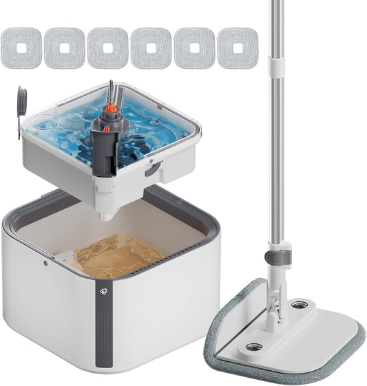 KZKR Spin Mop and Bucket Set with Self Separation Dirty and Clean Water System, Self Wringing 360° Rotating Square Mop Head for Home Floors Cleaning (2.0 Mop and Bucket Set (6 Pads) Ship by Amazon)