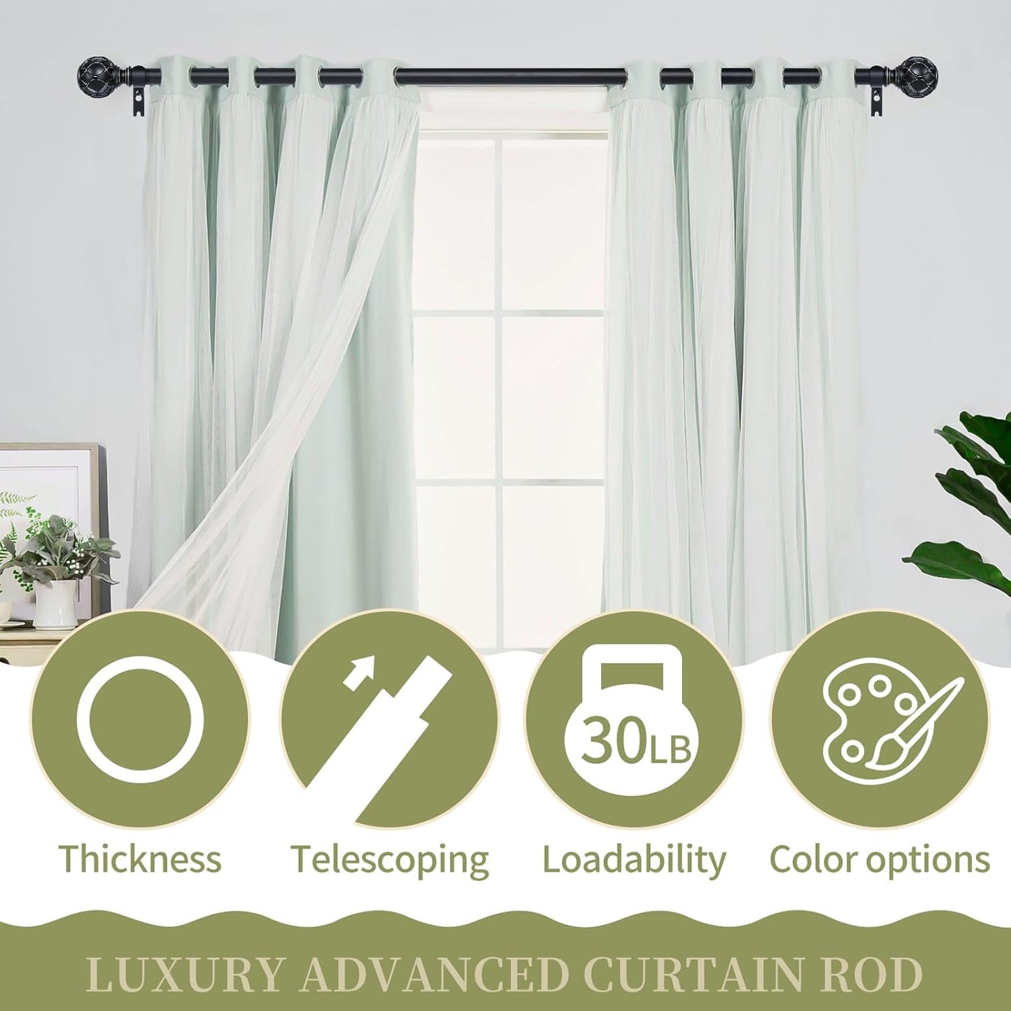 Black Adjustable Curtain Rods for Windows:66-120" Farmhouse Heavy Duty Curtain Rod for Bedroom Living Room,Boho Decorative Rustic Drapery Rods with Vintage Coastal Texture Finial,Matte Black