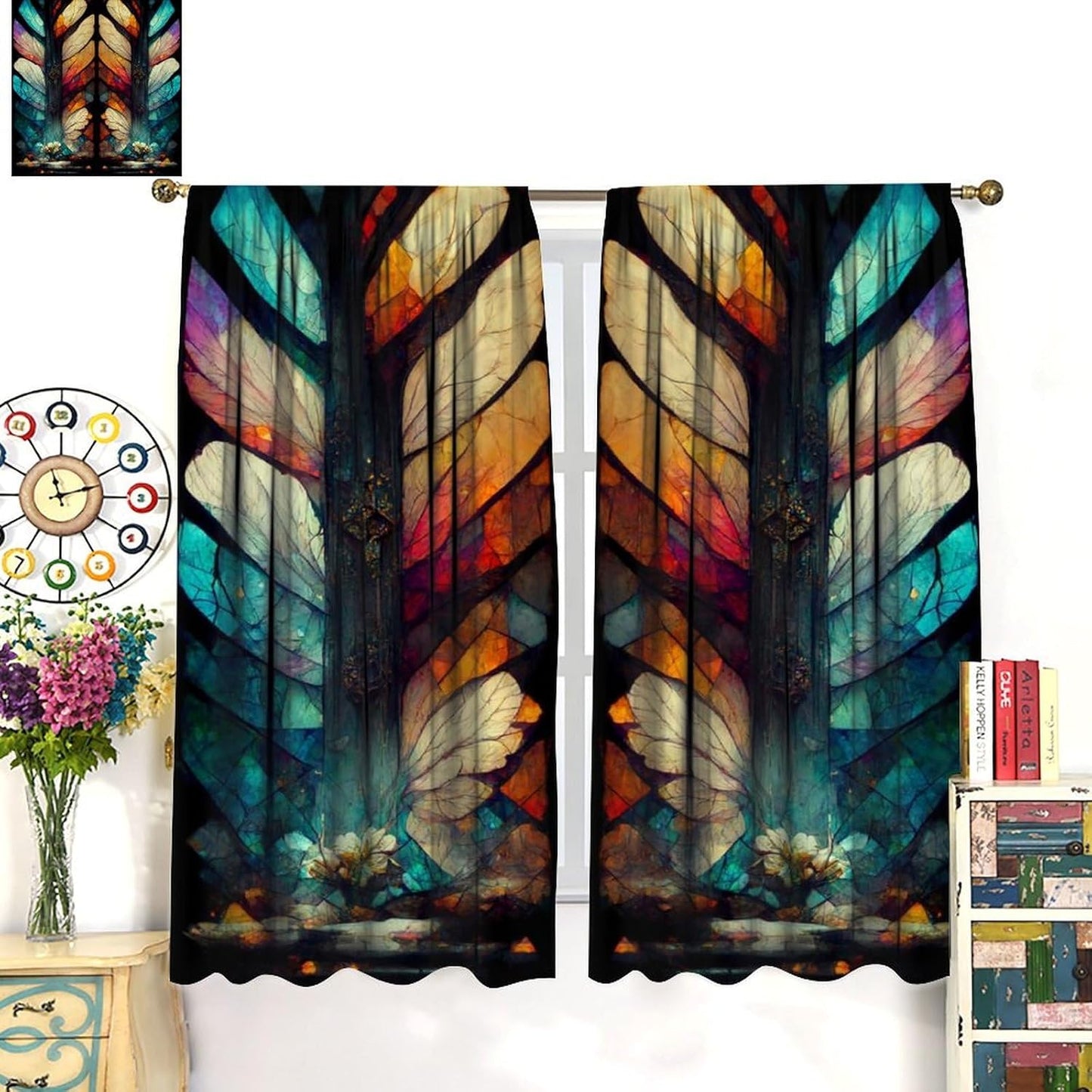 Stained Glass Curtains,Vintage Magical Colorful Abstract Art Home Decor Drapes for Bedroom Living Room Kitchen Window Treatment 2 Panels Set Total Size 55" W X 63" L Inch