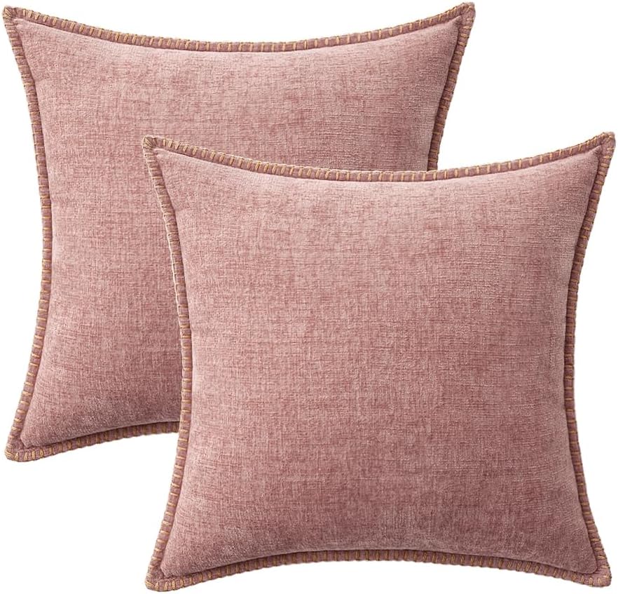 MIULEE Pack of 2 Couch Throw Pillow Covers 18x18 Inch Blush Pink Farmhouse Decorative Pillow Covers with Stitched Edge Soft Chenille Solid Dyed Spring Pillow Covers for Sofa Bed Living Room