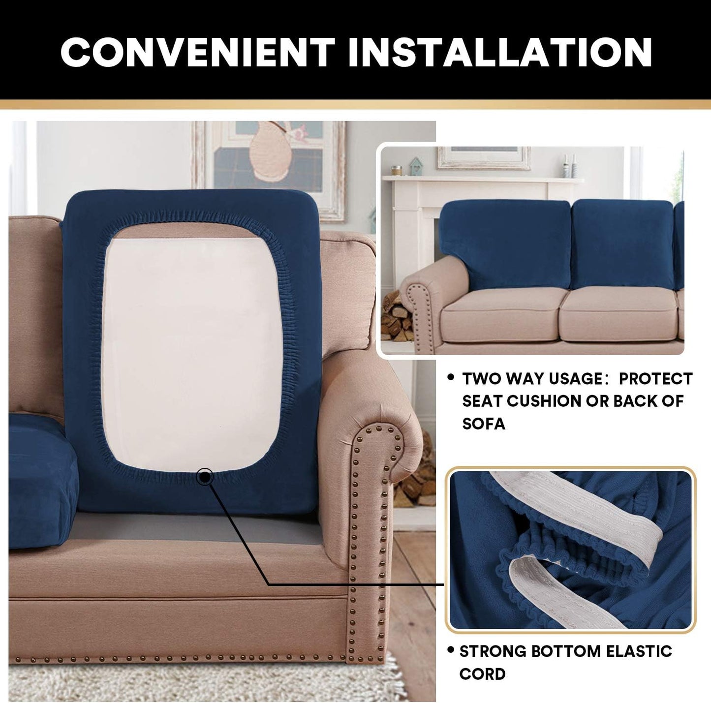 PrinceDeco Couch Cushion Covers, Stretch Washable Sofa Cushion Cover, Fitted Sofa Slipcover Velvet Fabric Non-Slip Furniture Protector for Dog,Pets, Kid (Each Width Up to 29.5", Navy)