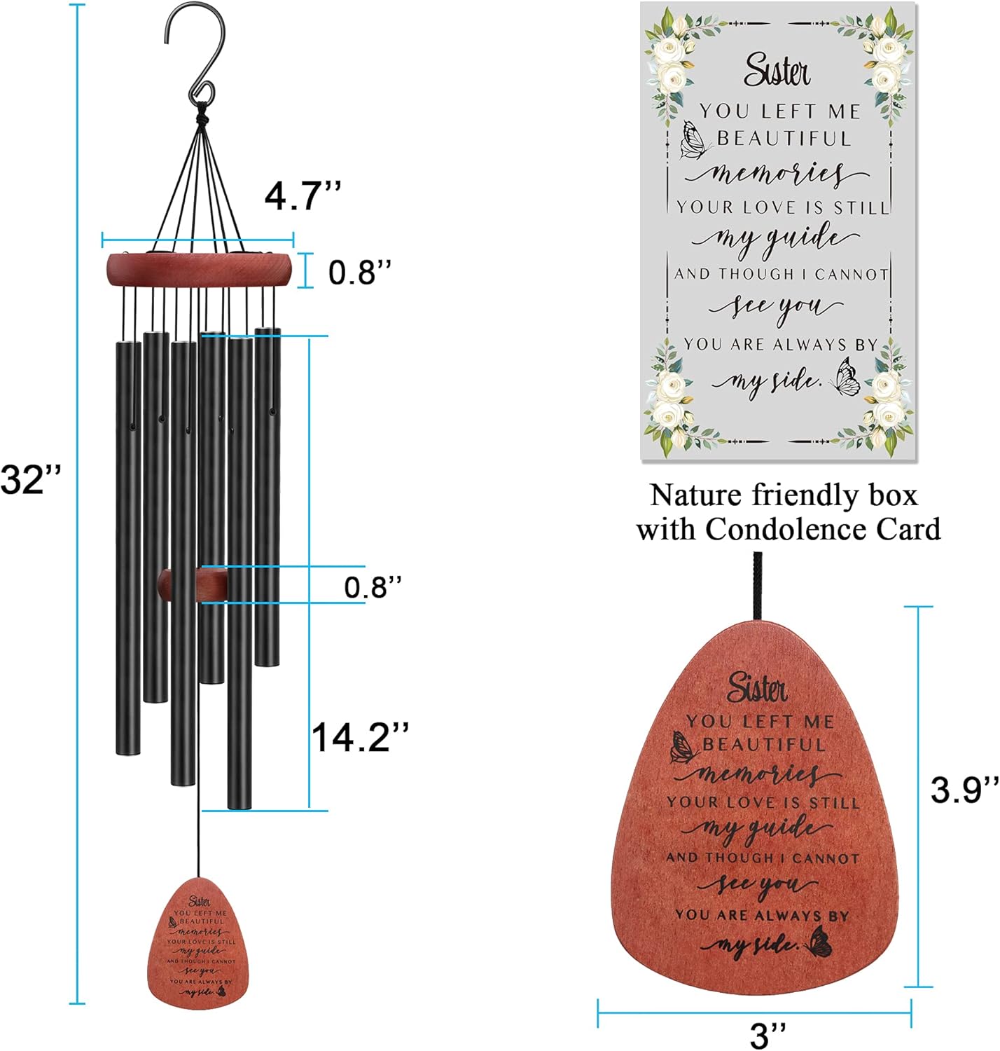 Memgift Memorial Wind Chime for Loss of Sister - Sympathy Gift for Bereavement - Outdoor Wind Chimes for Loved One - 32 Inch Solid Beech Wood Remembrance Chime for Garden & Patio