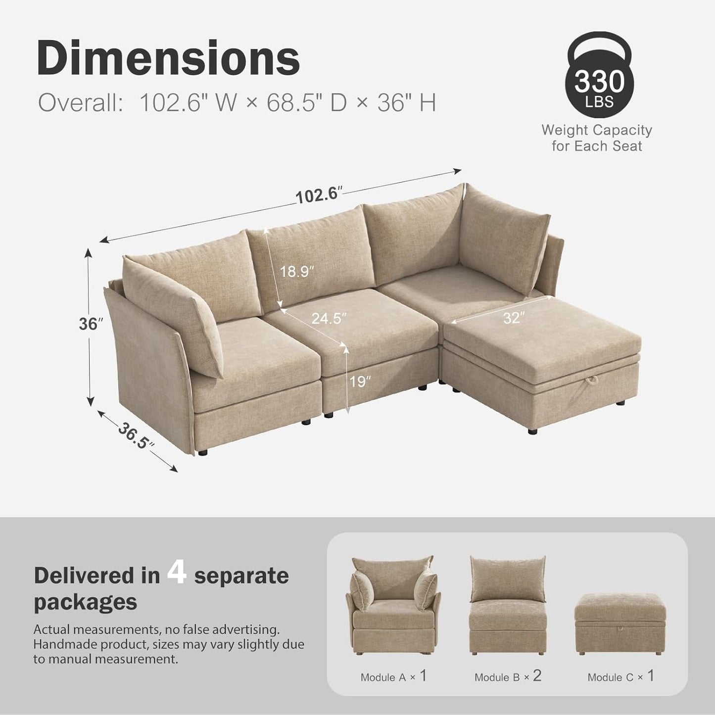102.6" U Shaped Modular Sectional Sofa, 5 Seater Couch with Storage Ottoman Deep Seat and High Backrest with Removable Cover for Living Room, Apartment - Chenille Beige