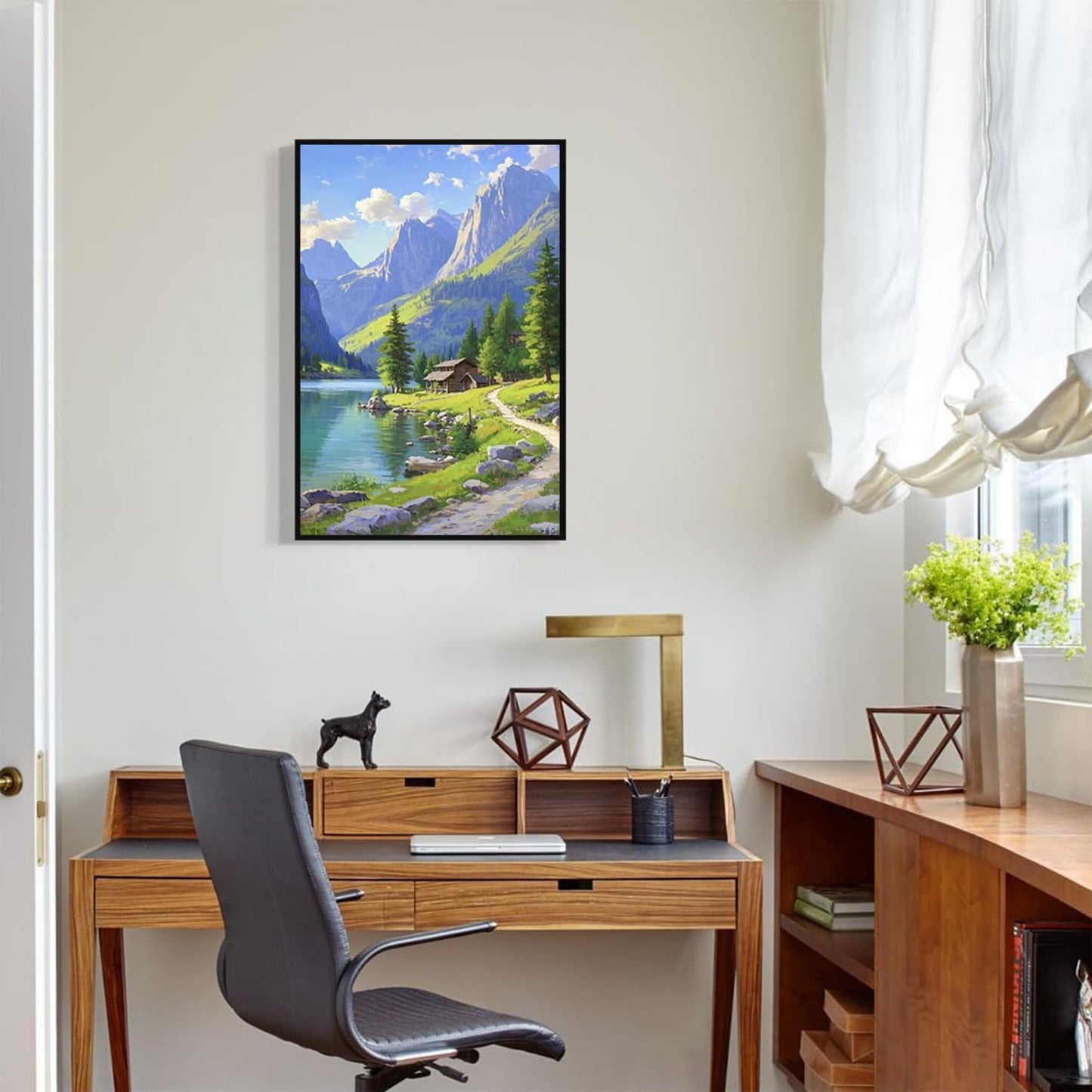 Landscape wall painting of mountain forest lakeside cabin under blue sky and white clouds natural oil painting poster suitable for living room bedroom office