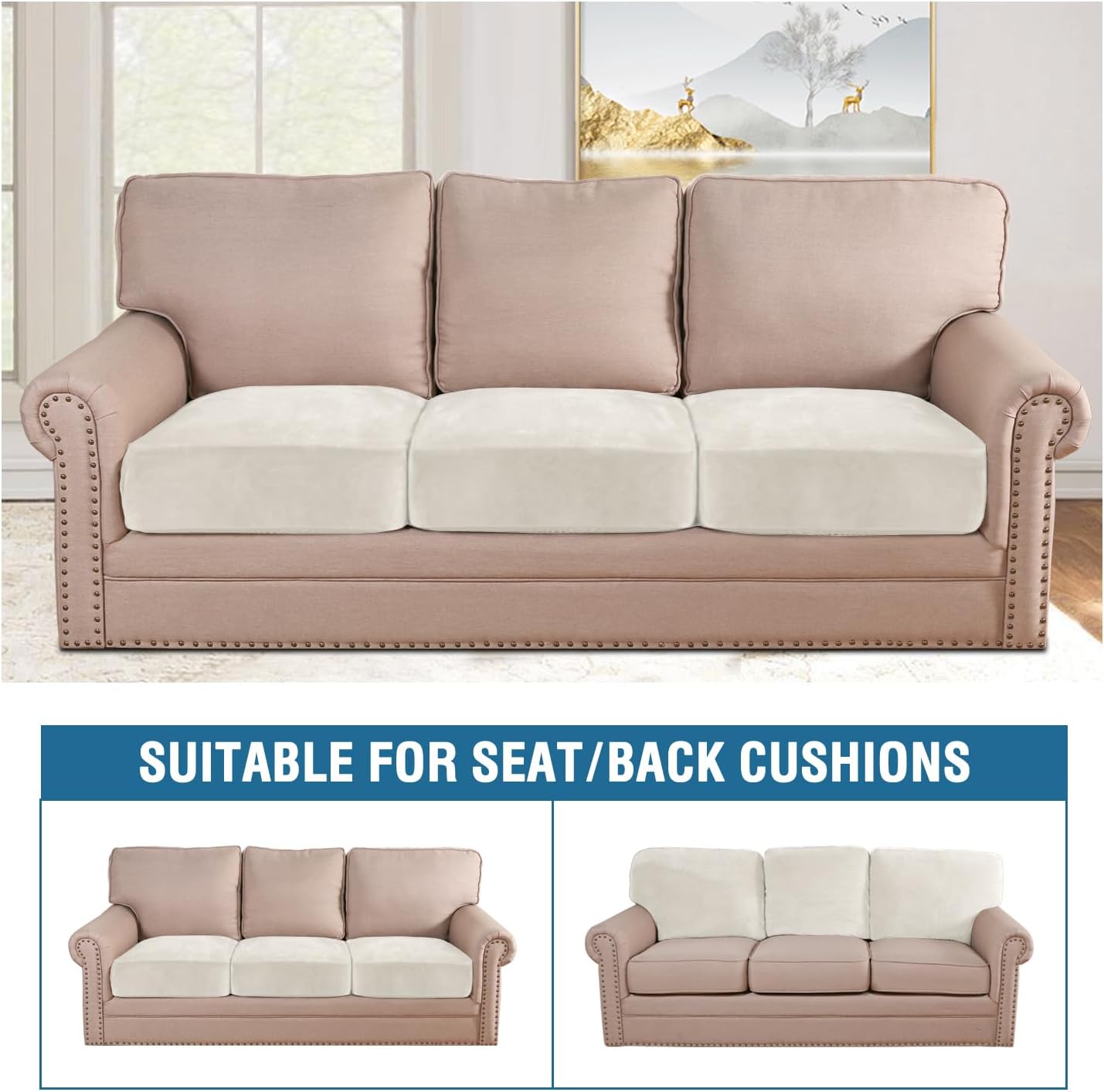 H.VERSAILTEX Velvet Stretch Couch Cushion Cover Plush Cushion Slipcover for Chair Loveseat Sofa Cushion Furniture Protector Seat Cushion Sofa Cover (3 Piece Sofa Cushion Covers, Porcelain)