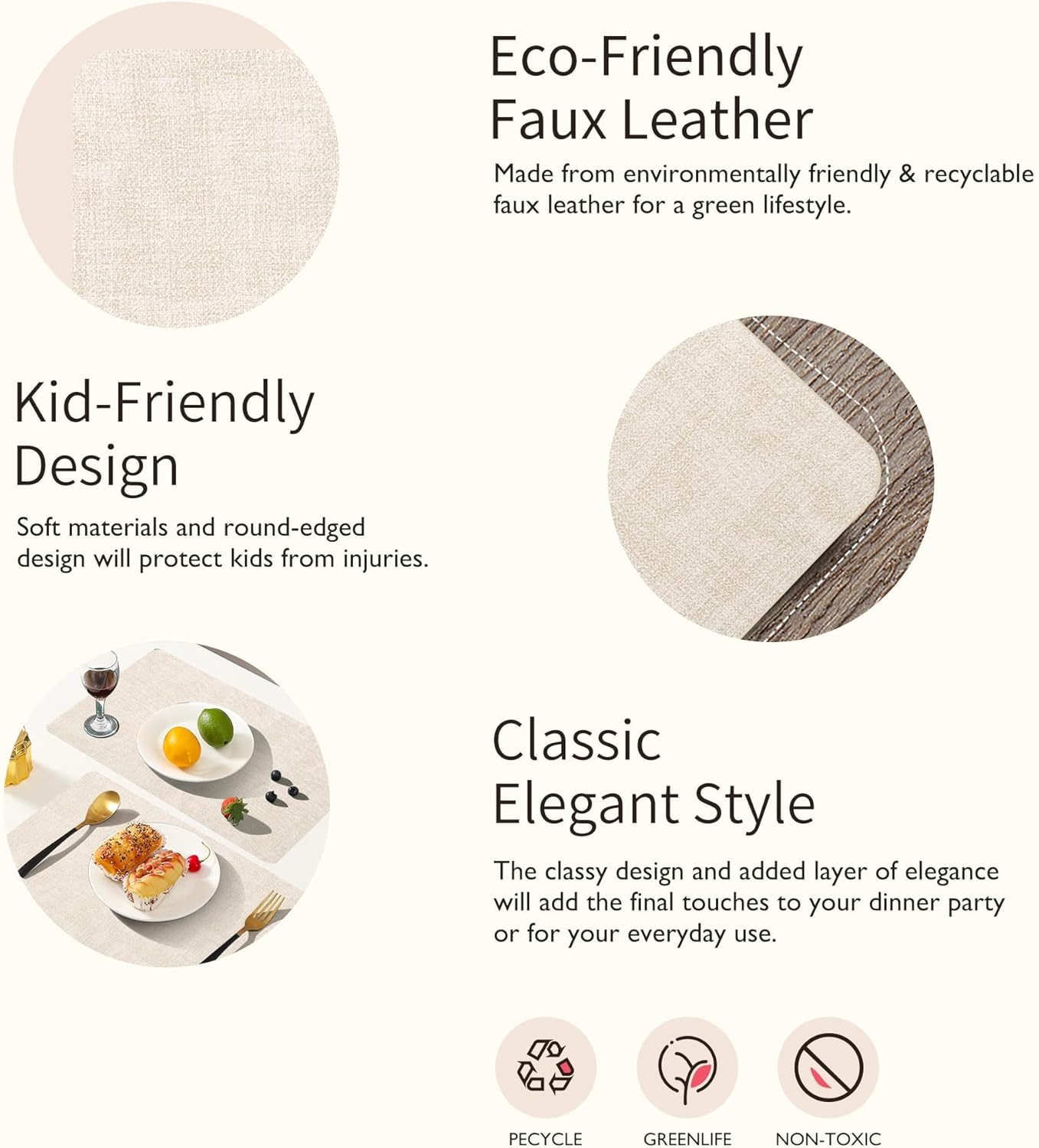 Maxpearl Faux Leather Placemats Set of 8 – Waterproof, Wipe Clean, Heat Resistant, Non-Slip Dining Table Mats for Indoor & Outdoor Use, 17”×12”, Beige