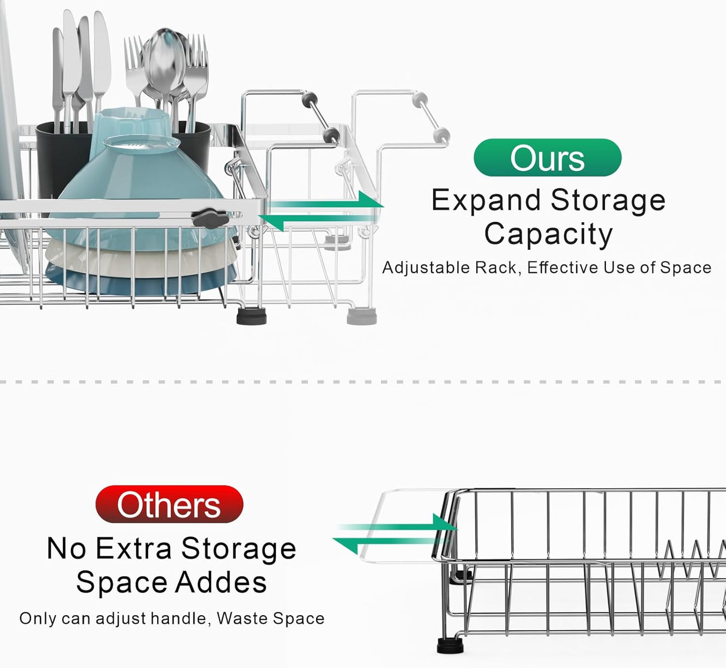 GSlife in Sink Dish Drying Rack - Capacity Expandable Stainless Steel Over Sink Dish Drainer Drying Rack (13.4''-20.4'') with Silicone Mat for Kitchen Counter Large Capacity, Black