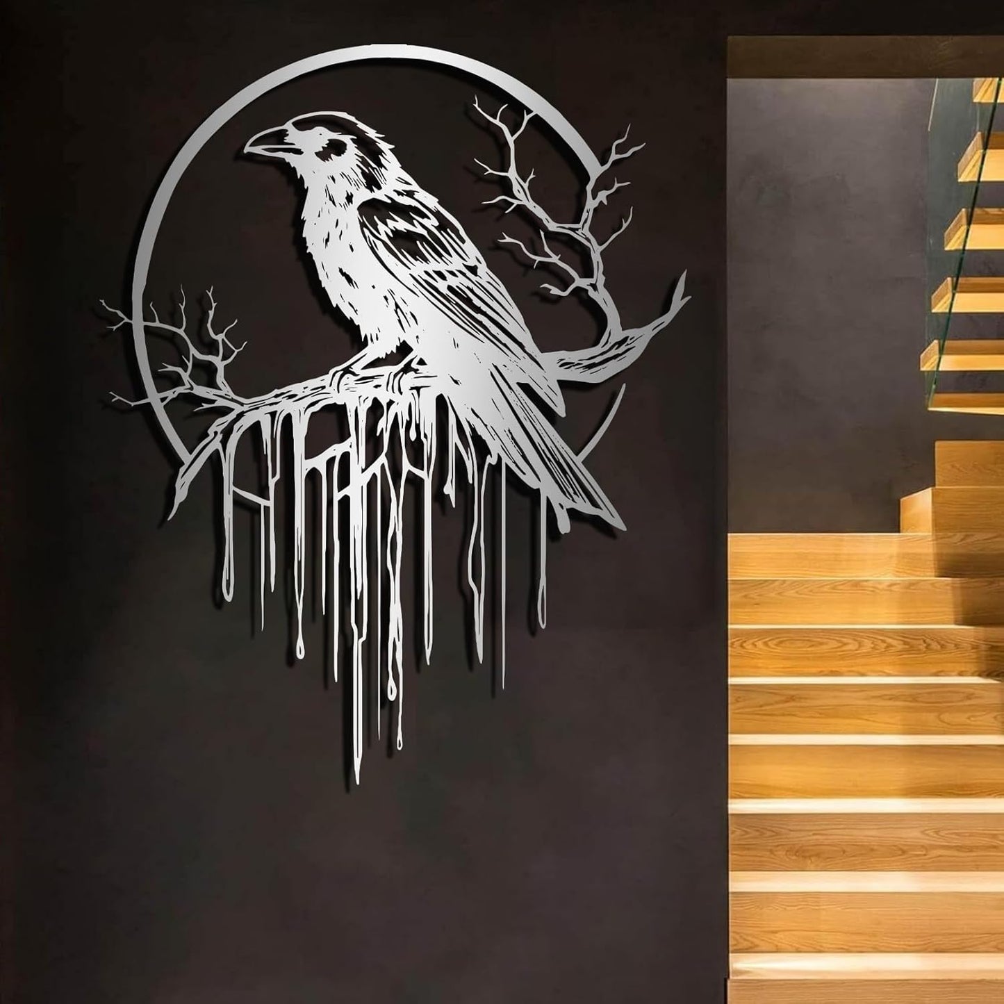 Crow Metal Wall Decor, Raven Wall Art, Large Gothic Raven Decor Hangings, Bird Wall Decor, Metal Tree Branch Decor, Ravens Sign, Raven Art for Living Room (Gold, 39"x31" | 100x80cm, metal wall art)