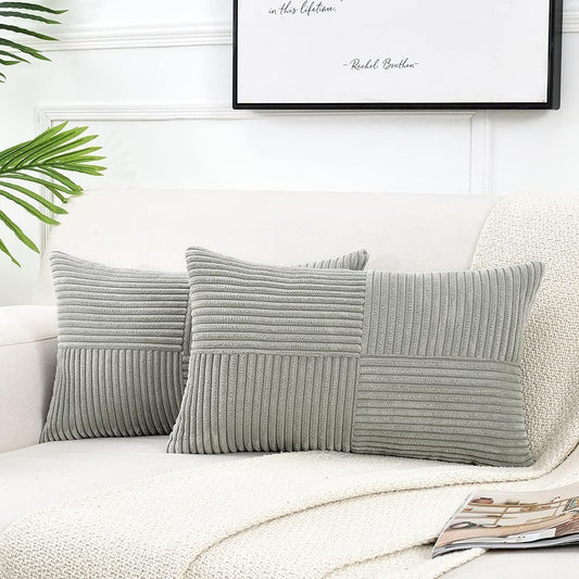 Fancy Homi 2 Packs Grey Long Lumbar Decorative Throw Pillow Covers 12x24 Inch for Couch Bed Sofa, Rustic Farmhouse Boho Home Decor, Soft Striped Corduroy Rectangle Accent Cushion Case 30x60 cm