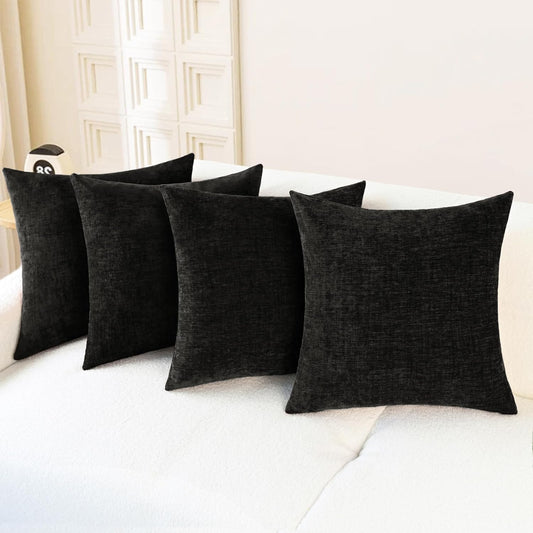 CaliTime Throw Pillow Covers Decorative 18 X 18 Inches Pack of 4 Cozy Chenille Cushion Cases for Couch Sofa Bed Living Room Home Black