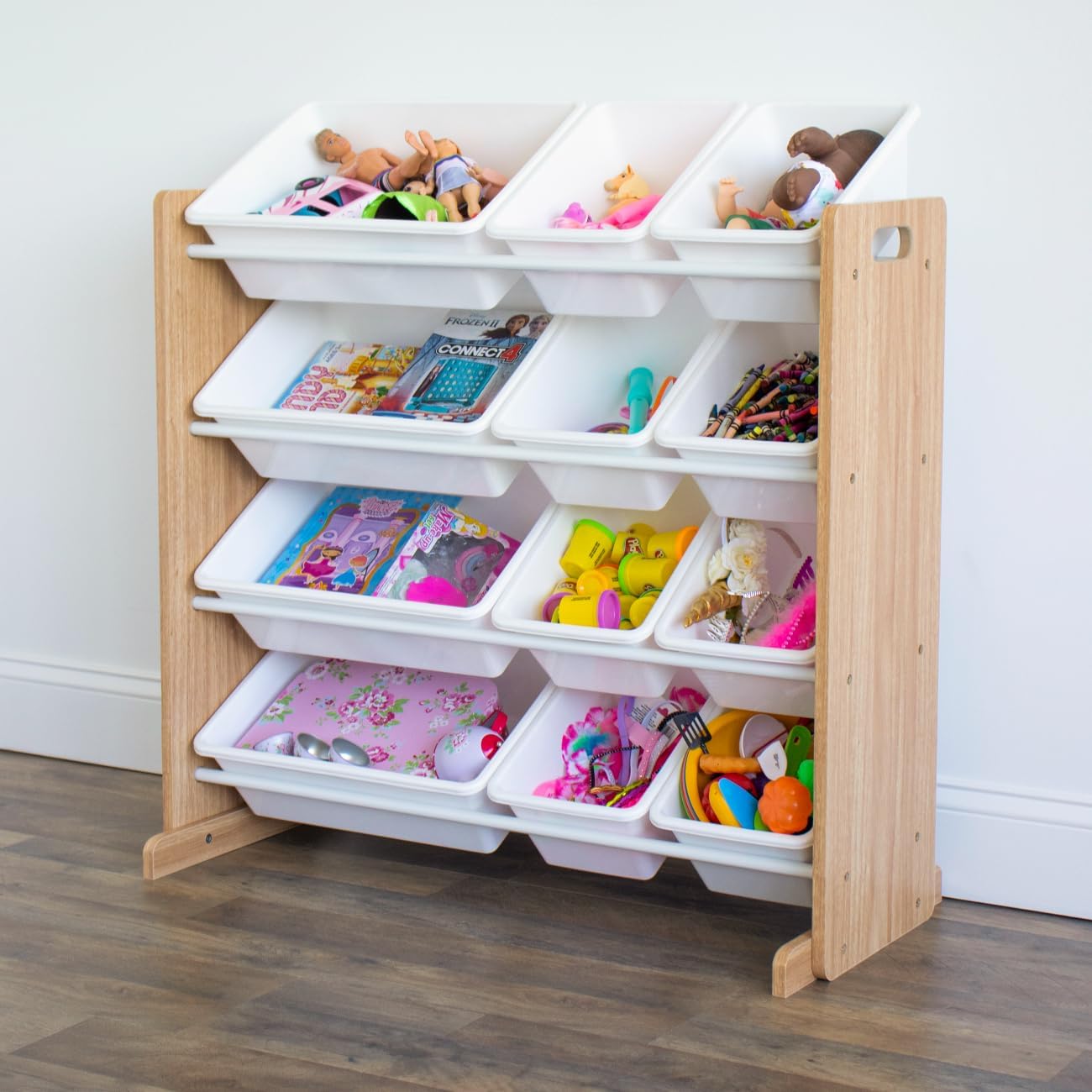 Humble Crew Kids Toy Storage Organizer with 12 Plastic Bins, Natural Wood/White – Removable Bins for Playroom, Bedroom, Toddler Furniture for Boys and Girls Ages
